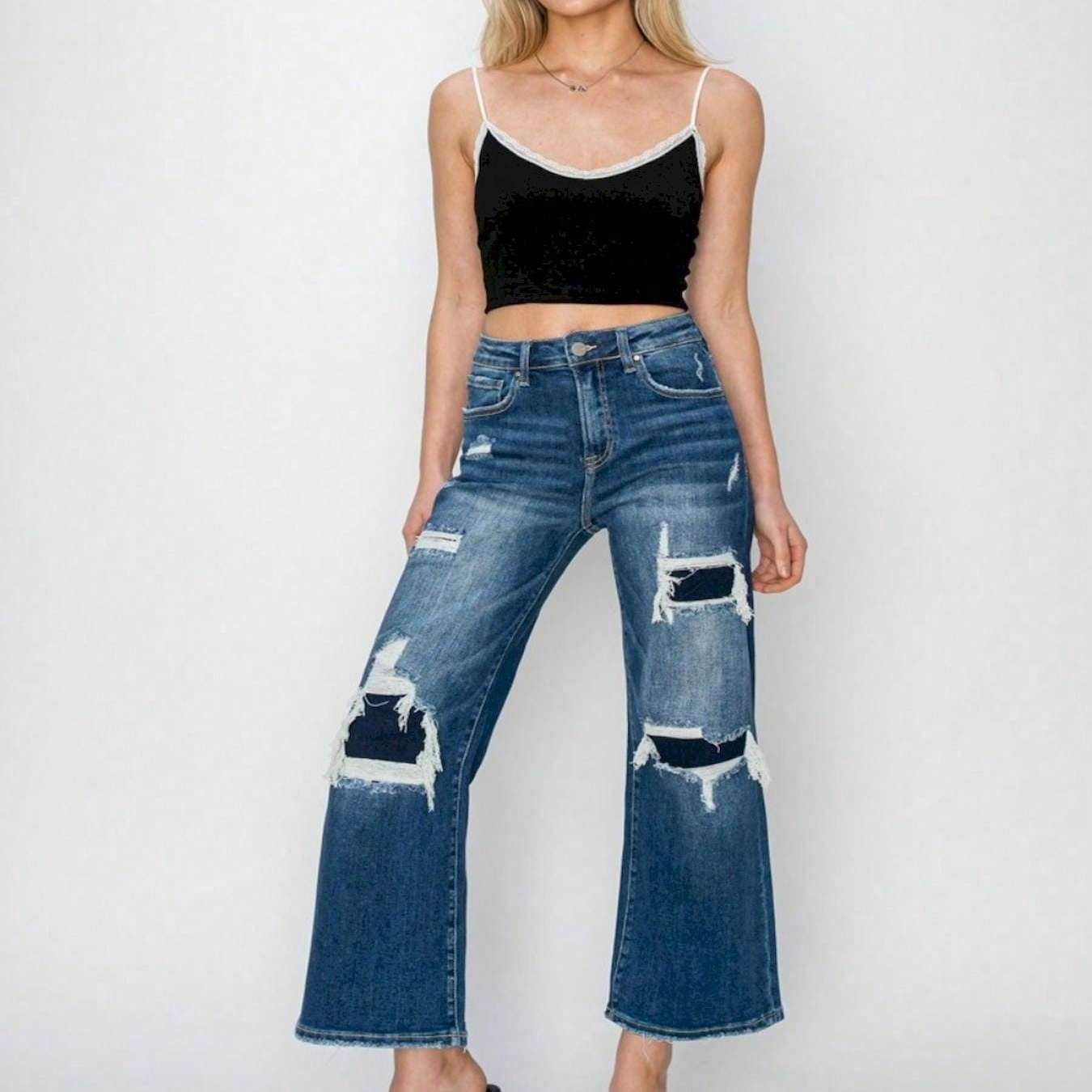 Women's Casual Crop Jeans High-Waisted Patch Detailed Wide Leg Denim Pants Washed Dark Blue Denim Ripped Details Cropped Length Button And Zipper Closure Casual Fit For Stylish Look