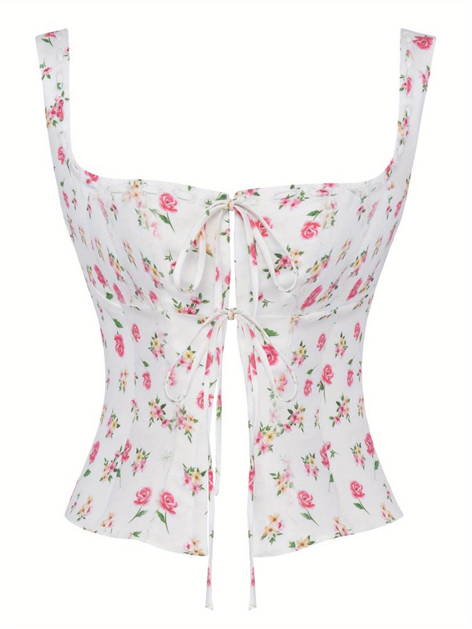 Women Floral Camisole Slim Tie Front Square Neck Sleeveless Backless Crop Tank Tops Cute Summer Clothes