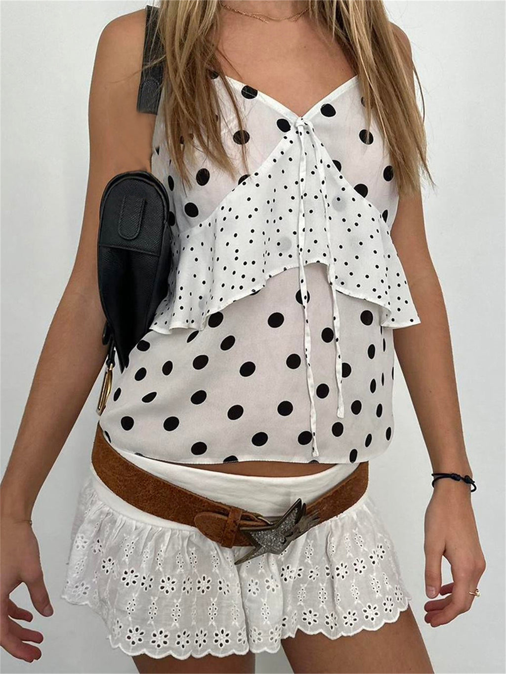 Women Camisoles Dot Print Tie-Up Front V-Neck Casual Tank Tops Summer Sleeveless Tops Streetwear