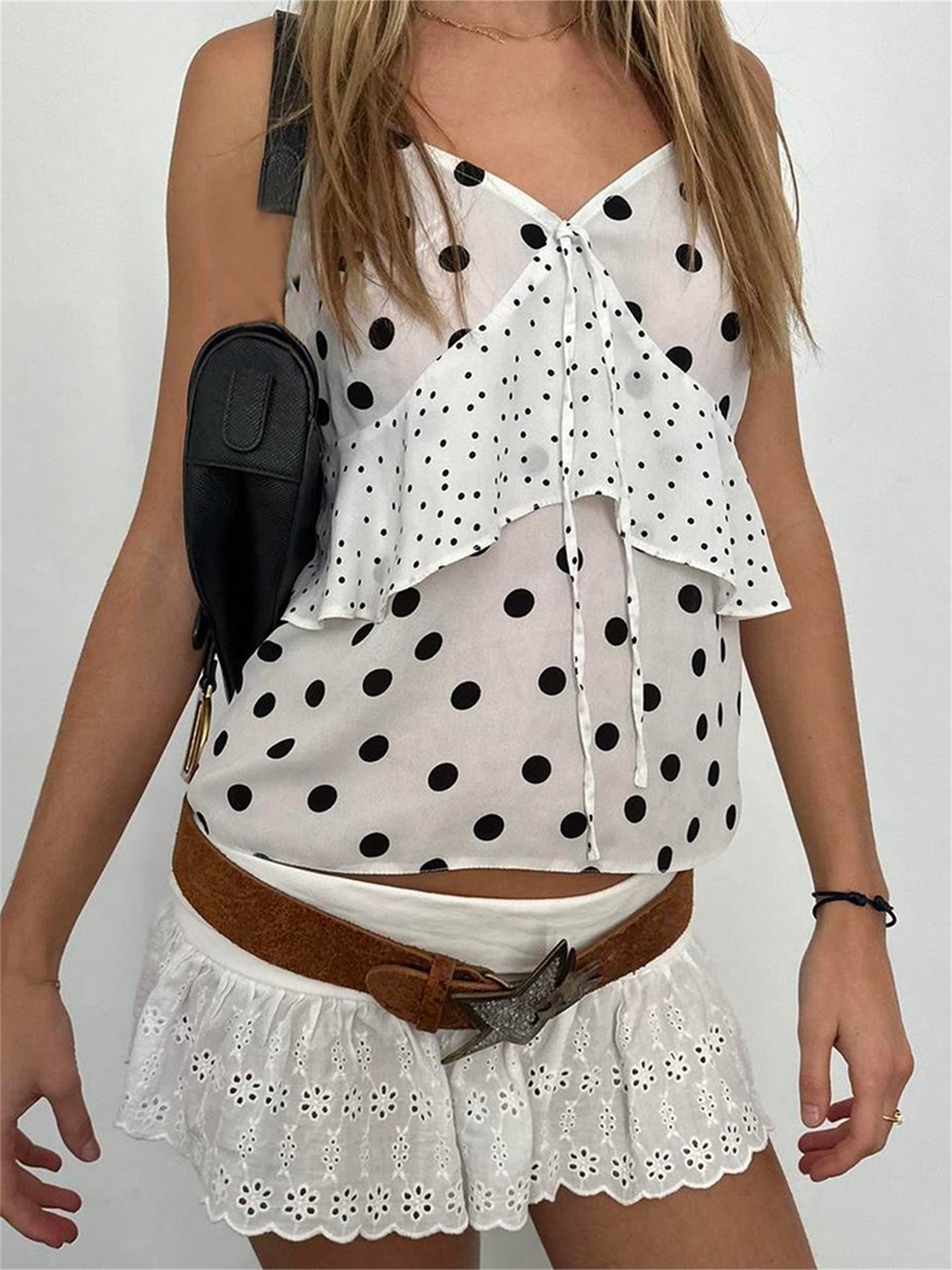 Women Camisoles Dot Print Tie-Up Front V-Neck Casual Tank Tops Summer Sleeveless Tops Streetwear