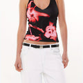 Women's Floral Print Halter Neck Cropped Tank Top - Sleeveless Slim Fit Summer Top with Black & Pink Flowers, Machine Washable Sexy Casual Wear