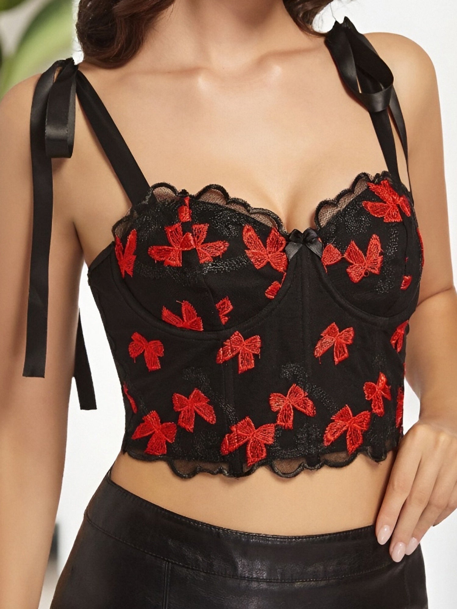Women's Sexy Butterfly Embroidered Camisole Tank Top with Adjustable Tie-Up Shoulder Straps - Black & Red Sleeveless Streetwear Top for Spring Summer Fall, Butterfly Tank Top