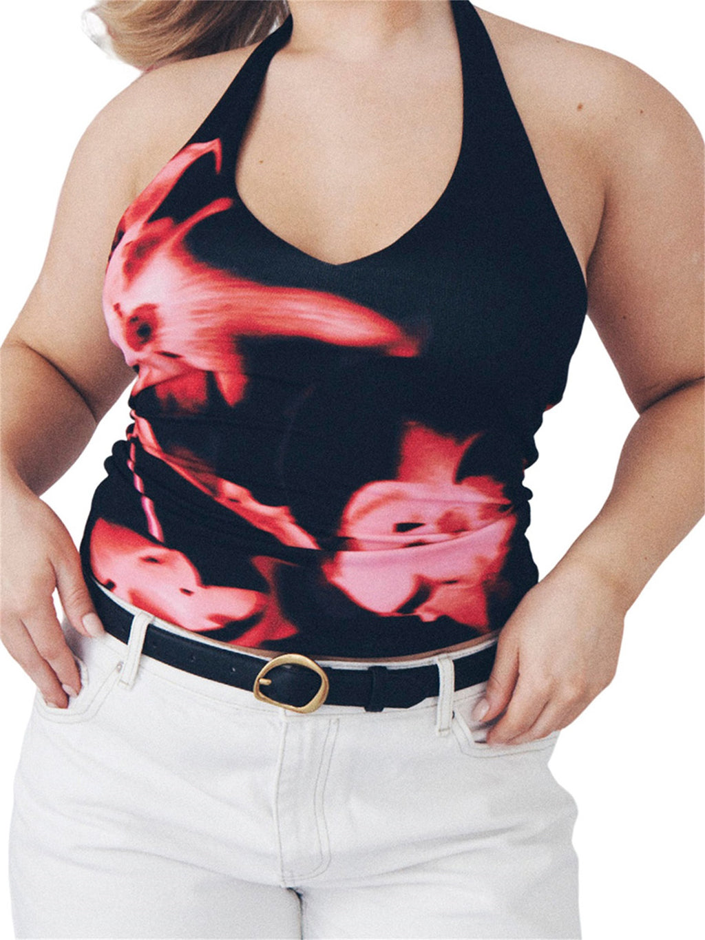 Women's Floral Print Halter Neck Cropped Tank Top - Sleeveless Slim Fit Summer Top with Black & Pink Flowers, Machine Washable Sexy Casual Wear