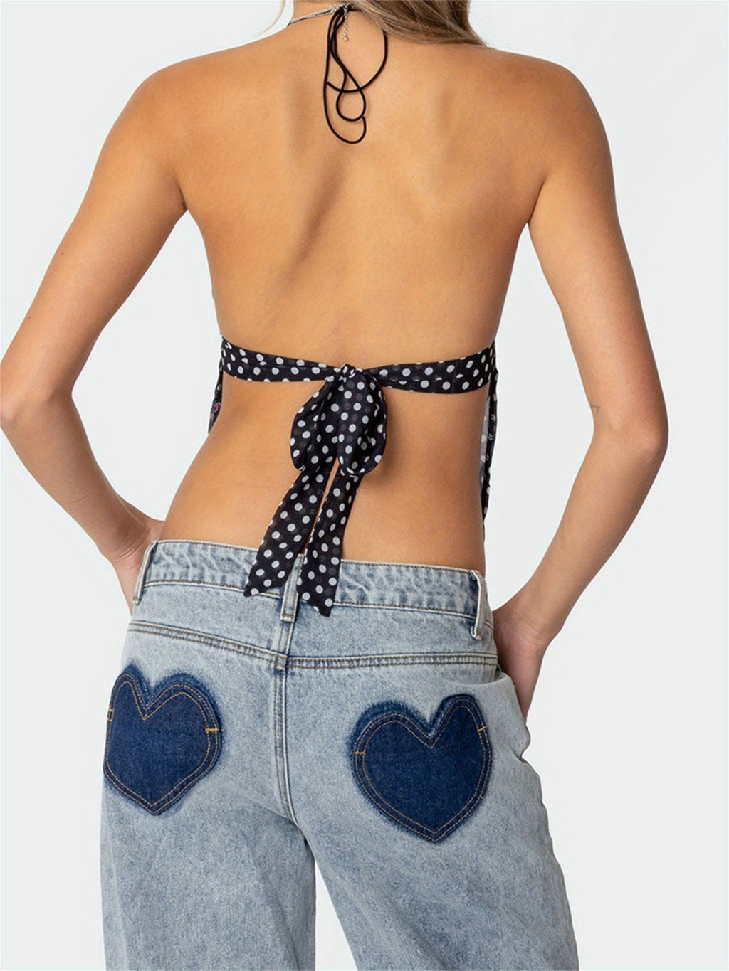 Women's Y2K Style Halter Neck Cami Tops - Sleeveless, Backless V-Neck, Polka Dot Print, Stretchy & Luxurious Black Tank Tops for Party Wear, French-Inspired Design, Lightweight Polyester Fabric, Perfect for Summer Outfits