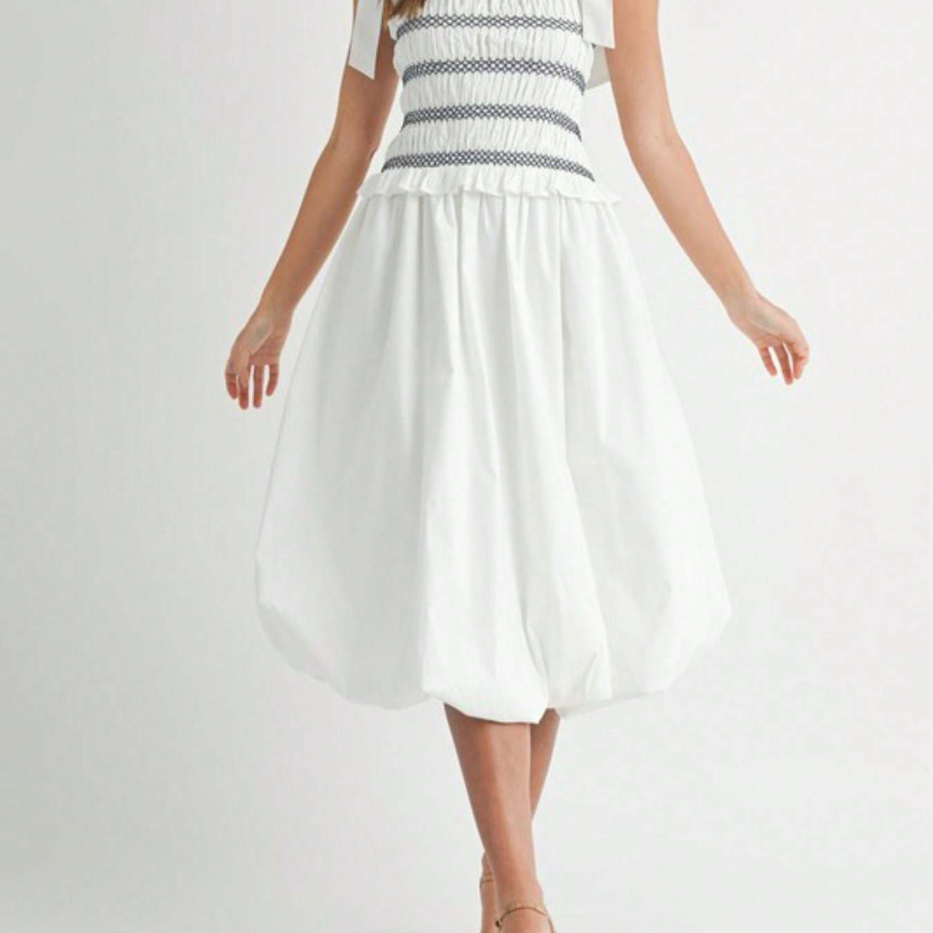 Womens Casual Summer Romantic Chic Smocked Striped Bow Shoulder Midi Dress White Square Neck Sleeveless Flared Skirt Light Airy Beach Vacation Party Sundress