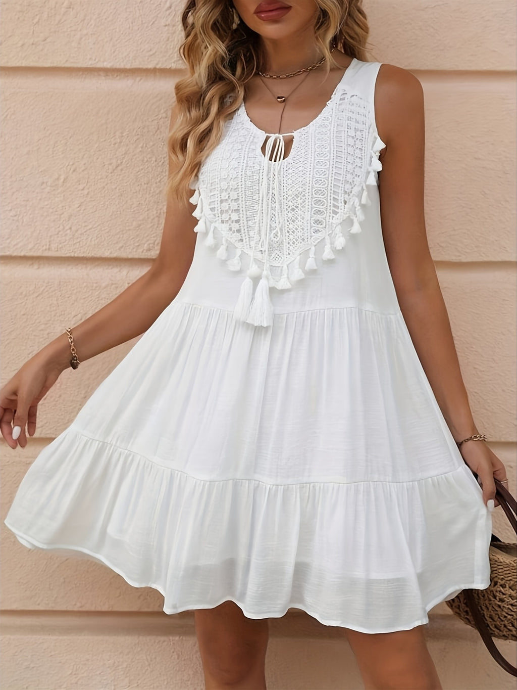 Plus Size, Women's Fringe Lace U-Neck Sleeveless White Dress