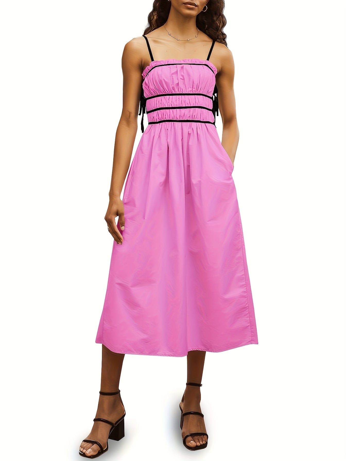 Elegant Cotton Spaghetti Strap Midi Dress, Sleeveless Patchwork Summer Beach Dress, with Backless Smocked Ruffle Detail, for Women