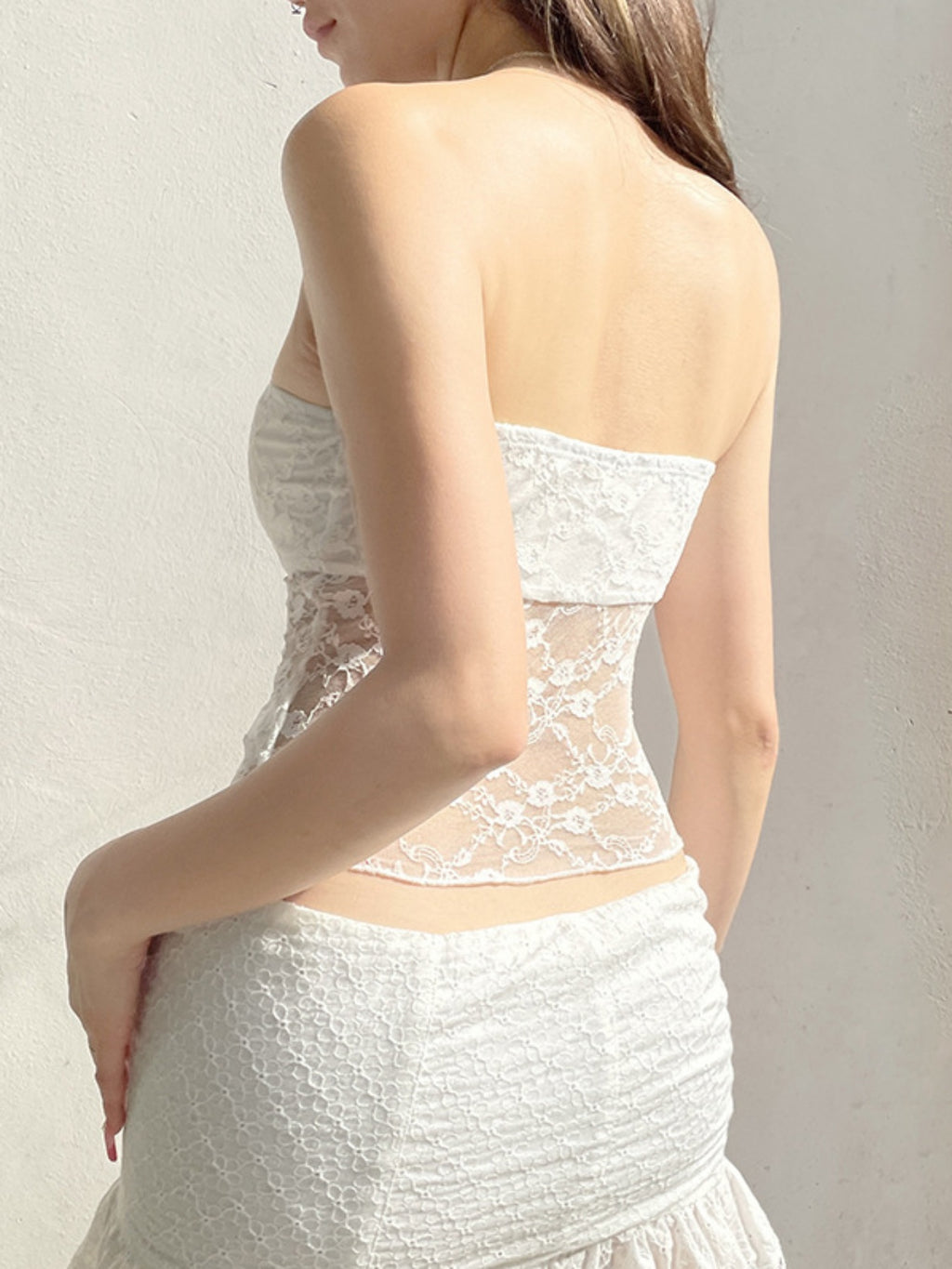 Women'S Summer Slim Tube Tops Sleeveless Off Shoulder Split Hem Bow Decor Lace Bandeau