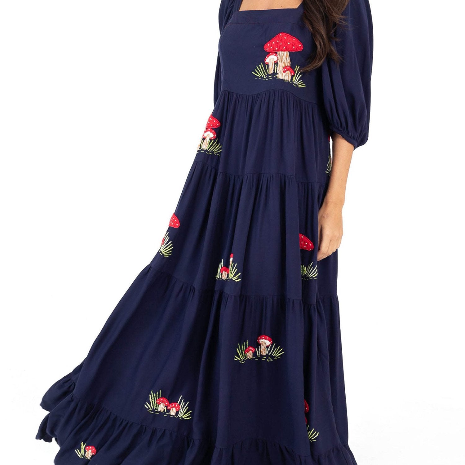 Women Long Dress Embroidery Smocked Square Neck Elbow-Length Sleeve Backless Flowy Dresses