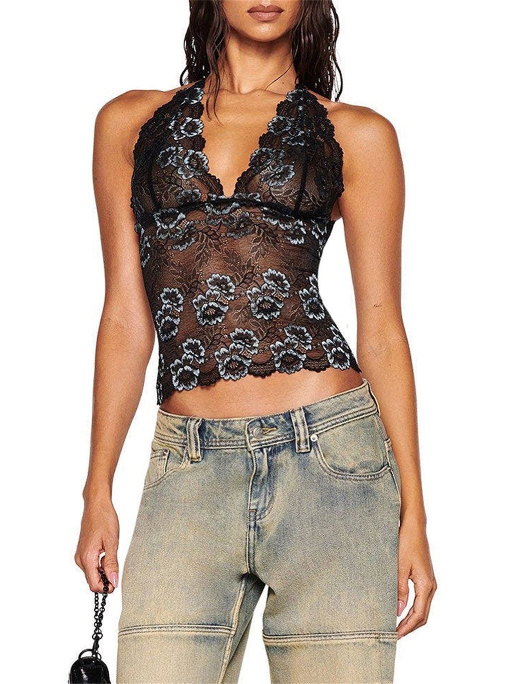 Women's Sexy Halter Neck Crop Top - Slim Fit Sleeveless Floral Embroidery Lace Semi-Sheer Black Top for Spring Summer Fall, Machine Washable, Lace Blouse