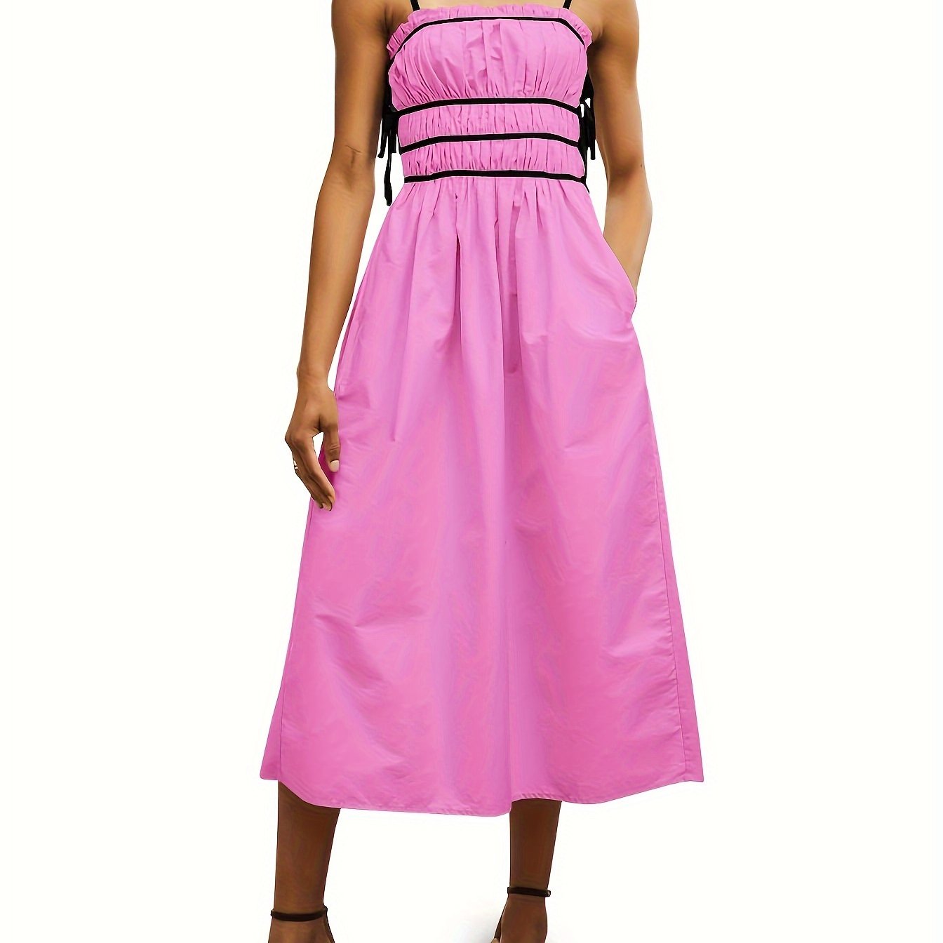 Womens Summer Spaghetti Strap Midi Dress Sleeveless Tie Strap Contrast Color Casual Smocked Ruffle Dresses