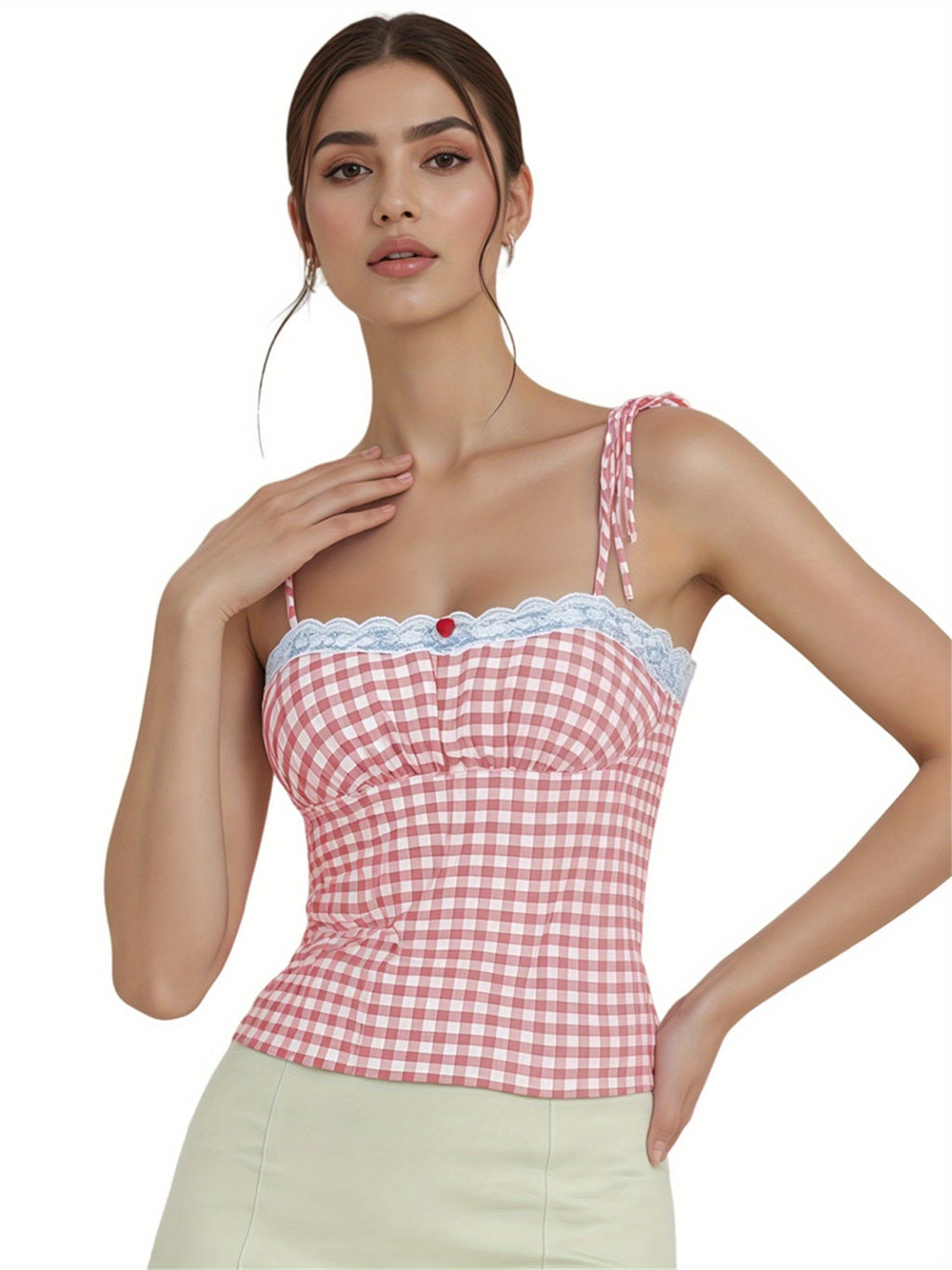 Women'S Fitted Cami Tops Sleeveless Lace Trim Plaid Print Slim Fit Camisole Tank Tops