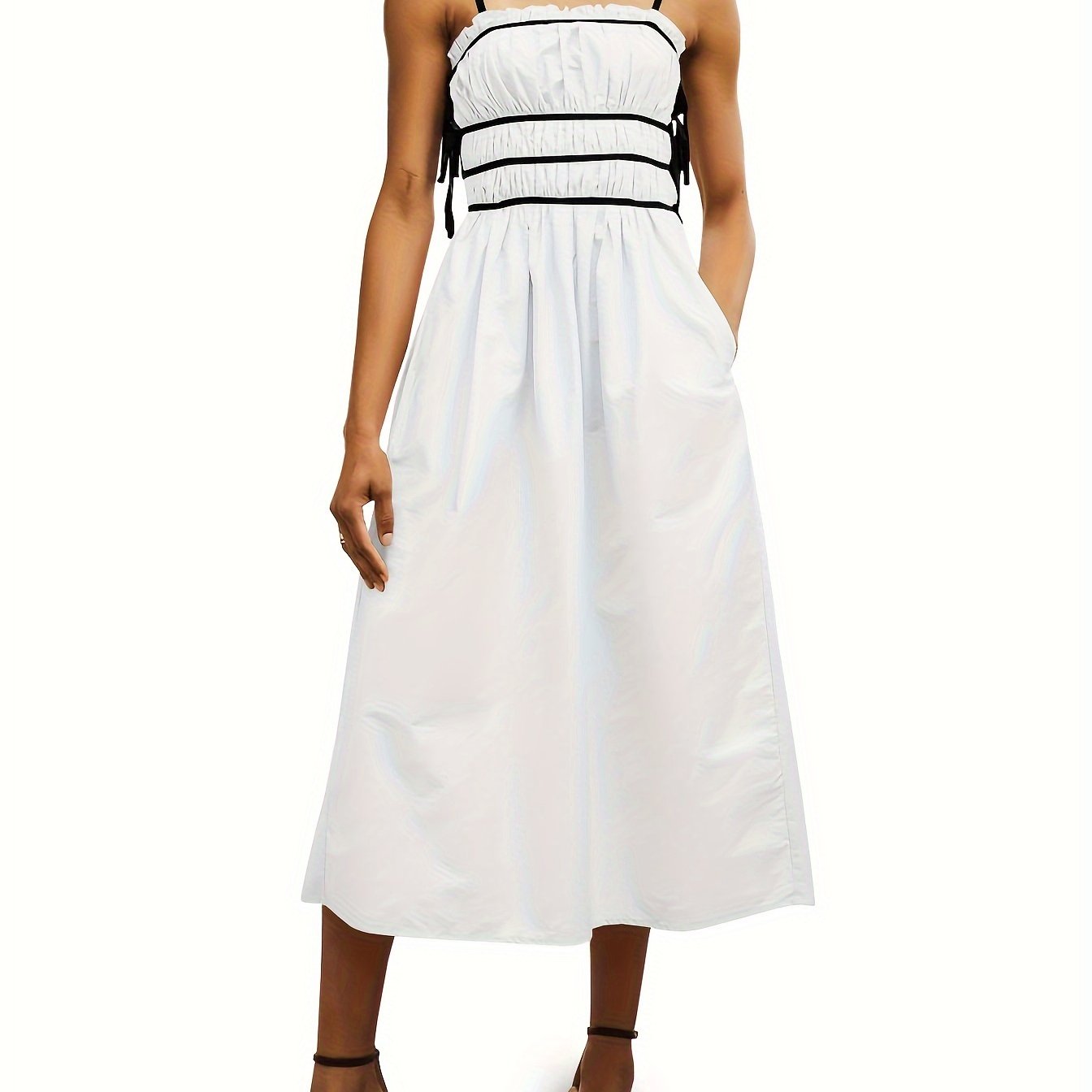 Womens Summer Spaghetti Strap Midi Dress Sleeveless Tie Strap Contrast Color Casual Smocked Ruffle Dresses