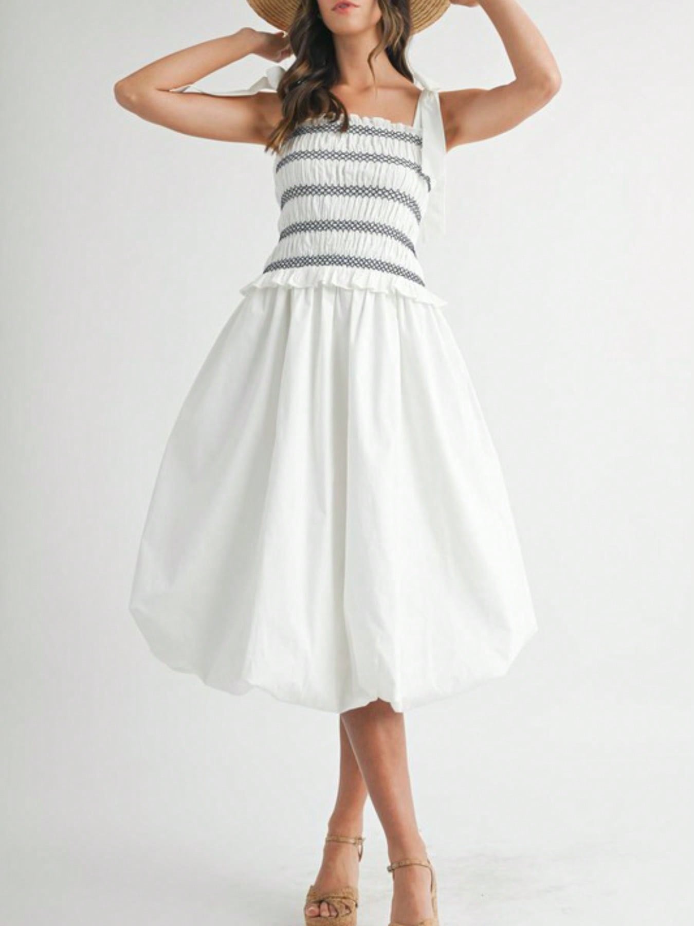 Womens Casual Summer Romantic Chic Smocked Striped Bow Shoulder Midi Dress White Square Neck Sleeveless Flared Skirt Light Airy Beach Vacation Party Sundress