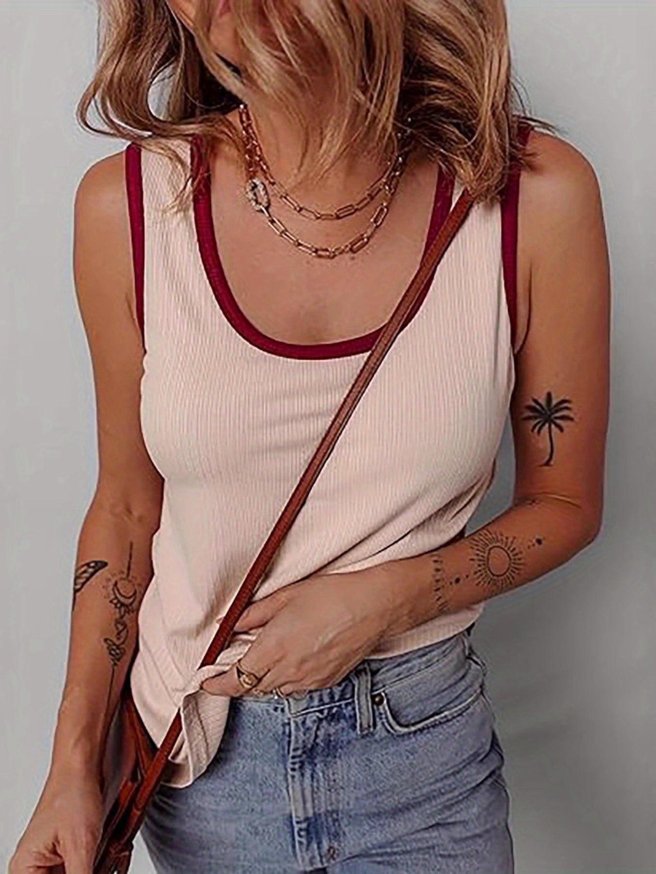 Women Tank Tops Patchwork Round Neck Casual Vests Summer Sleeveless Tops Streetwear