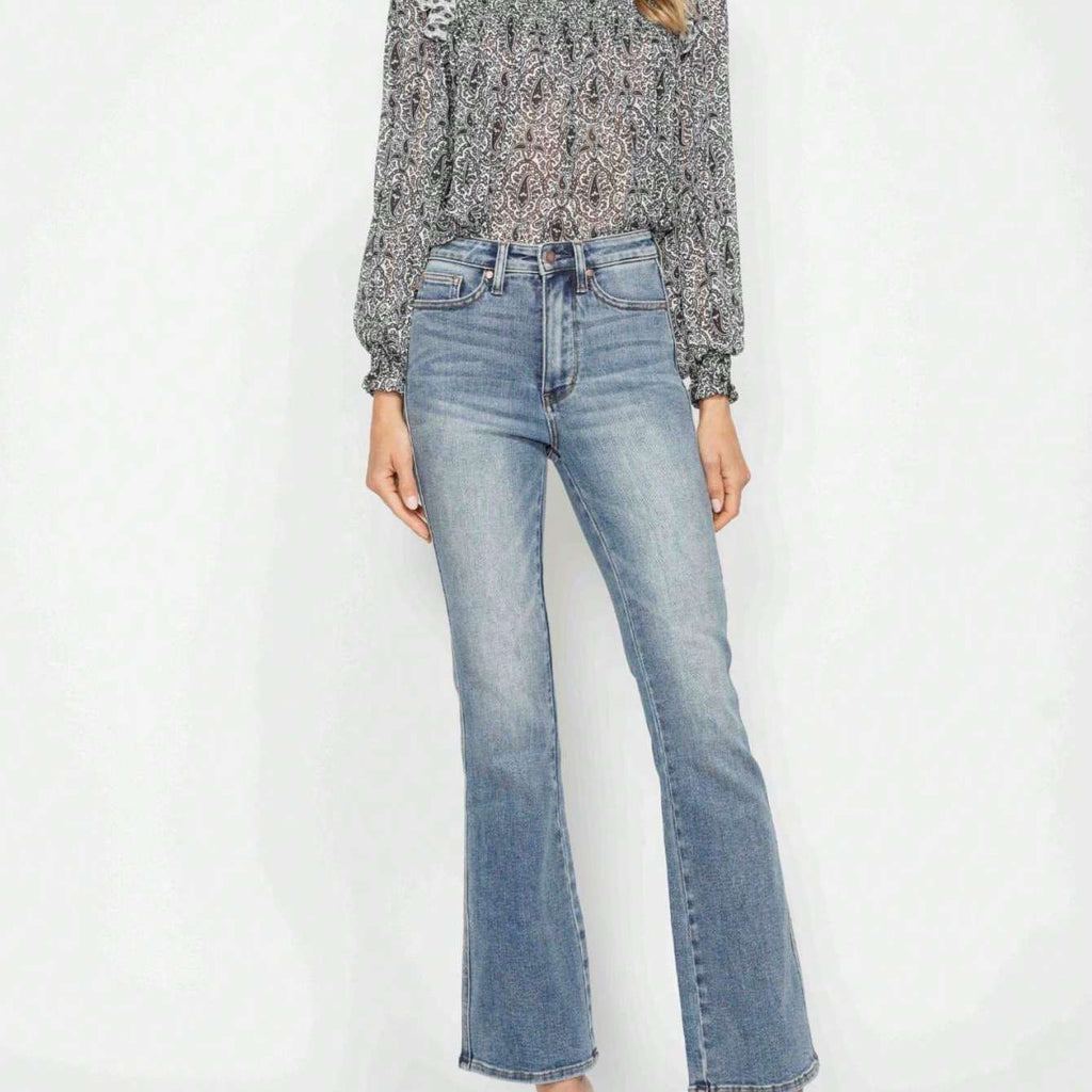 Judy-B Womens Casual Boho Chic Paisley Print Ruffle High Neck Blouse Long Sleeve Semi Sheer Gray White Pattern Top Victorian Inspired Mock Neck Gathered Cuff Spring Fall Office Wear