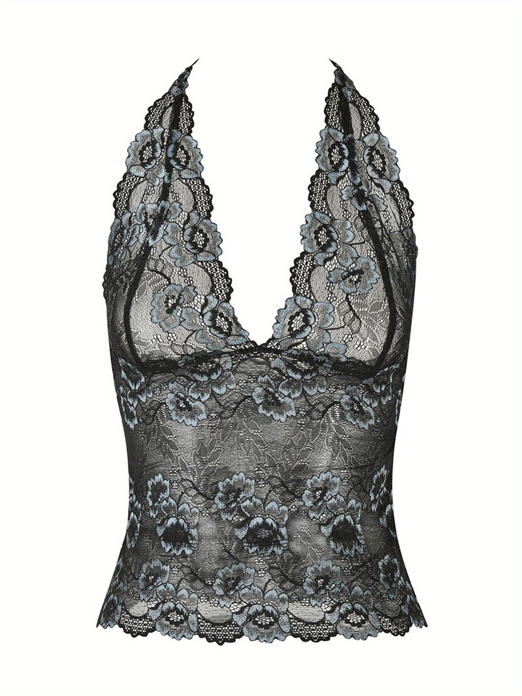 Women's Sexy Halter Neck Crop Top - Slim Fit Sleeveless Floral Embroidery Lace Semi-Sheer Black Top for Spring Summer Fall, Machine Washable, Lace Blouse