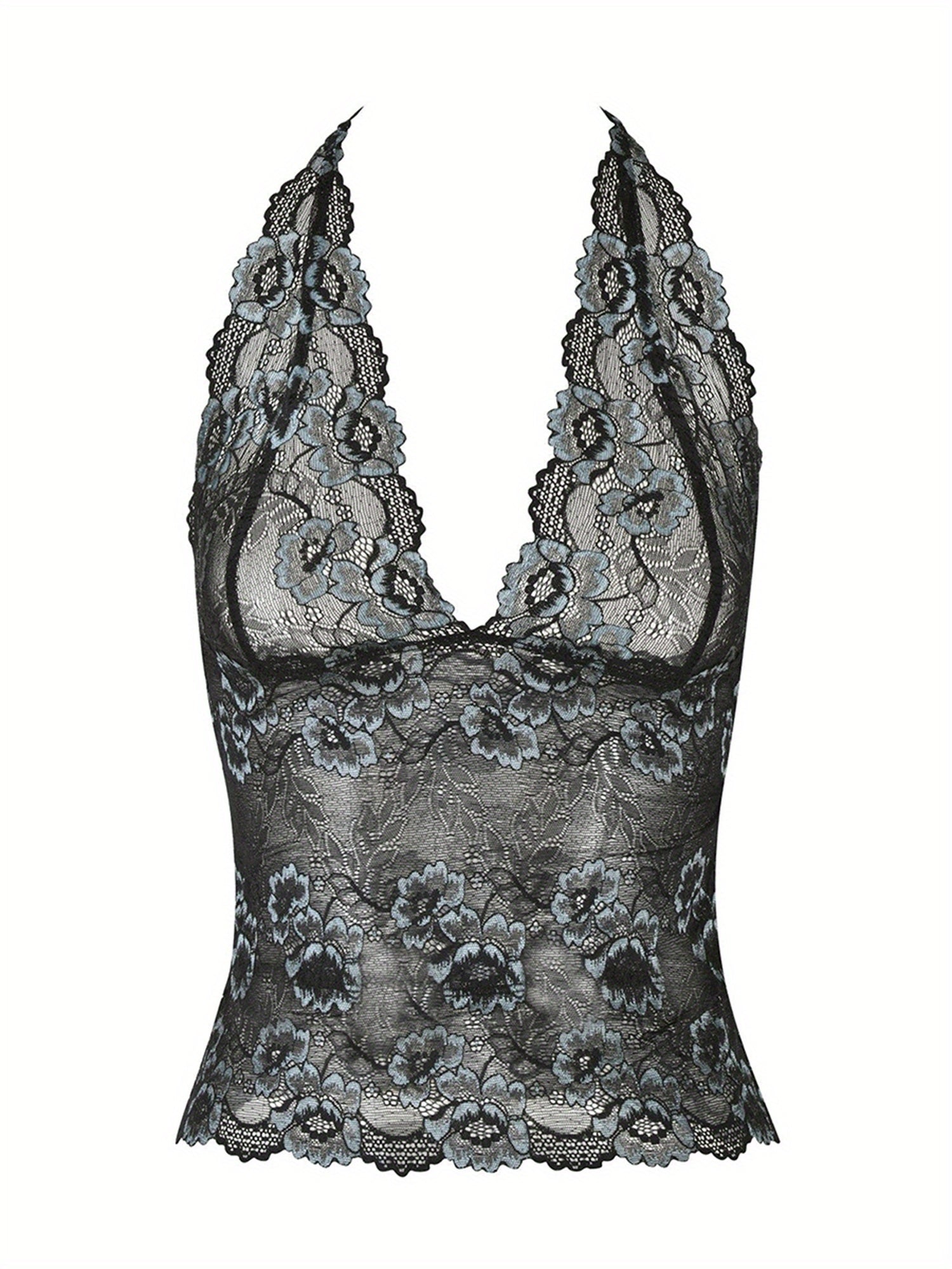 Women's Sexy Halter Neck Crop Top - Slim Fit Sleeveless Floral Embroidery Lace Semi-Sheer Black Top for Spring Summer Fall, Machine Washable, Lace Blouse