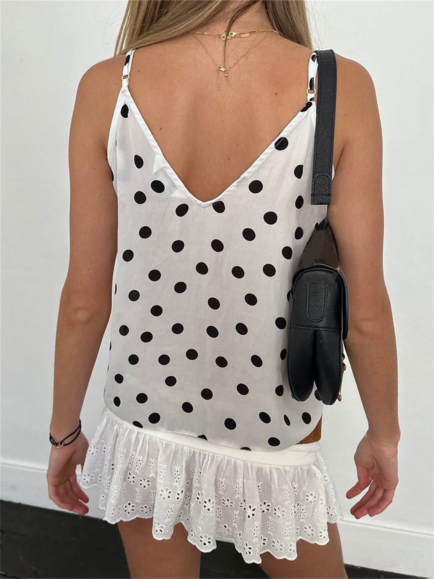 Women Camisoles Dot Print Tie-Up Front V-Neck Casual Tank Tops Summer Sleeveless Tops Streetwear
