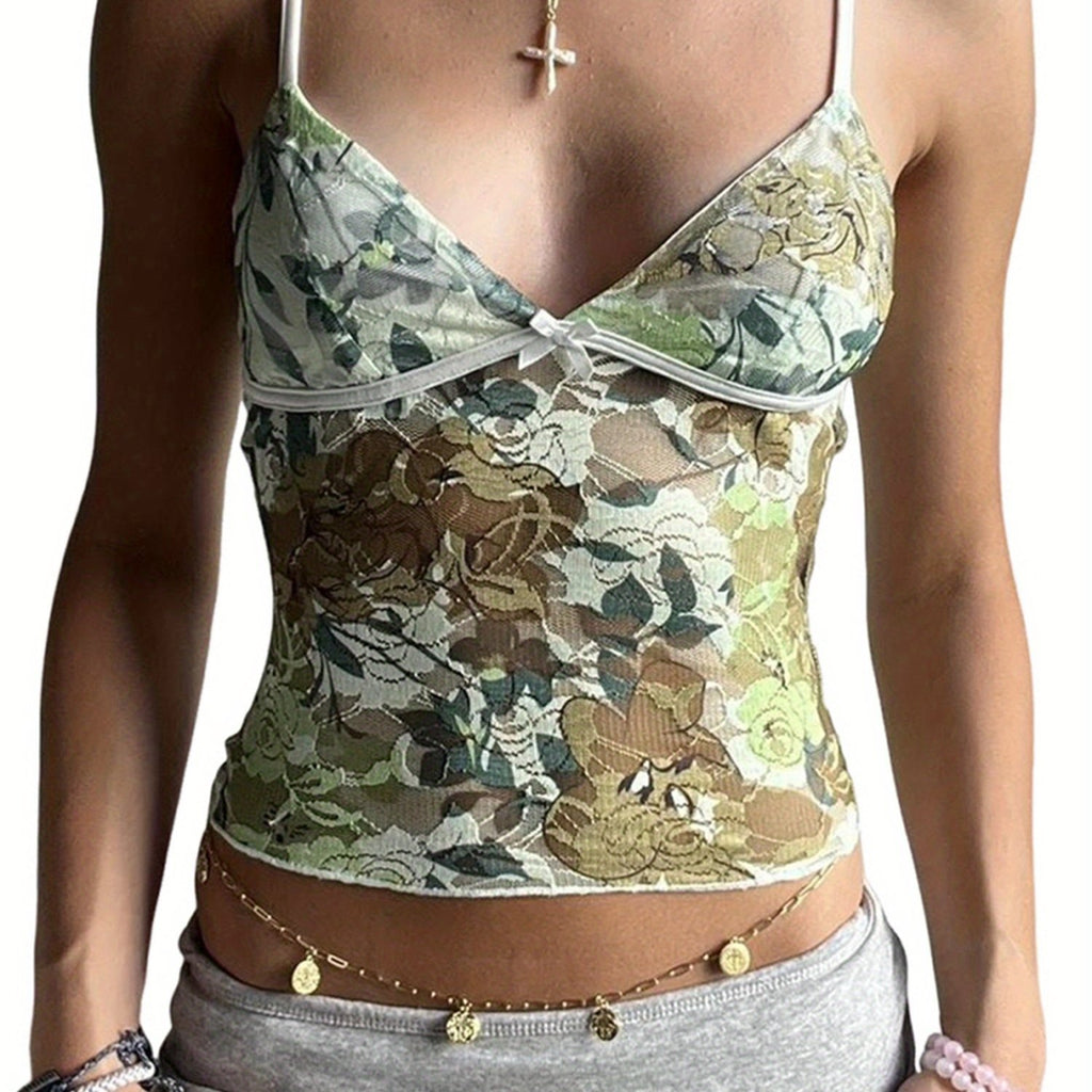 Floral Lace Camisole Top for Women - V-Neck Spaghetti Straps, Sleeveless Crop Tank with Intricate Floral Print & Lace Detailing, Perfect for Summer Streetwear & Club Outfits, Lace Trim