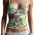 Floral Lace Camisole Top for Women - V-Neck Spaghetti Straps, Sleeveless Crop Tank with Intricate Floral Print & Lace Detailing, Perfect for Summer Streetwear & Club Outfits, Lace Trim