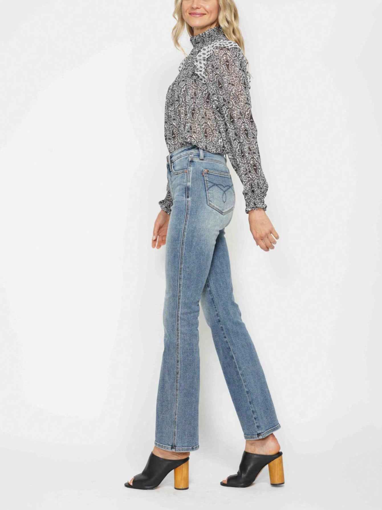 Judy-B Womens Casual Boho Chic Paisley Print Ruffle High Neck Blouse Long Sleeve Semi Sheer Gray White Pattern Top Victorian Inspired Mock Neck Gathered Cuff Spring Fall Office Wear