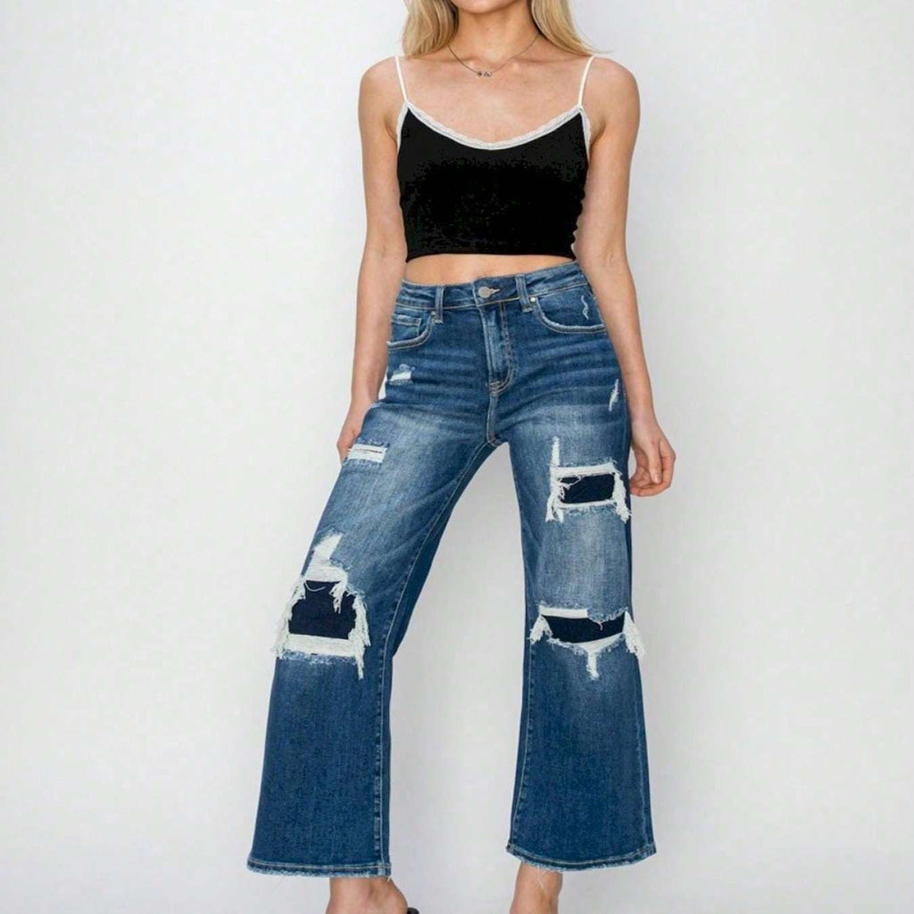 Women's Casual Crop Jeans High-Waisted Patch Detailed Wide Leg Denim Pants Washed Dark Blue Denim Ripped Details Cropped Length Button And Zipper Closure Casual Fit For Stylish Look