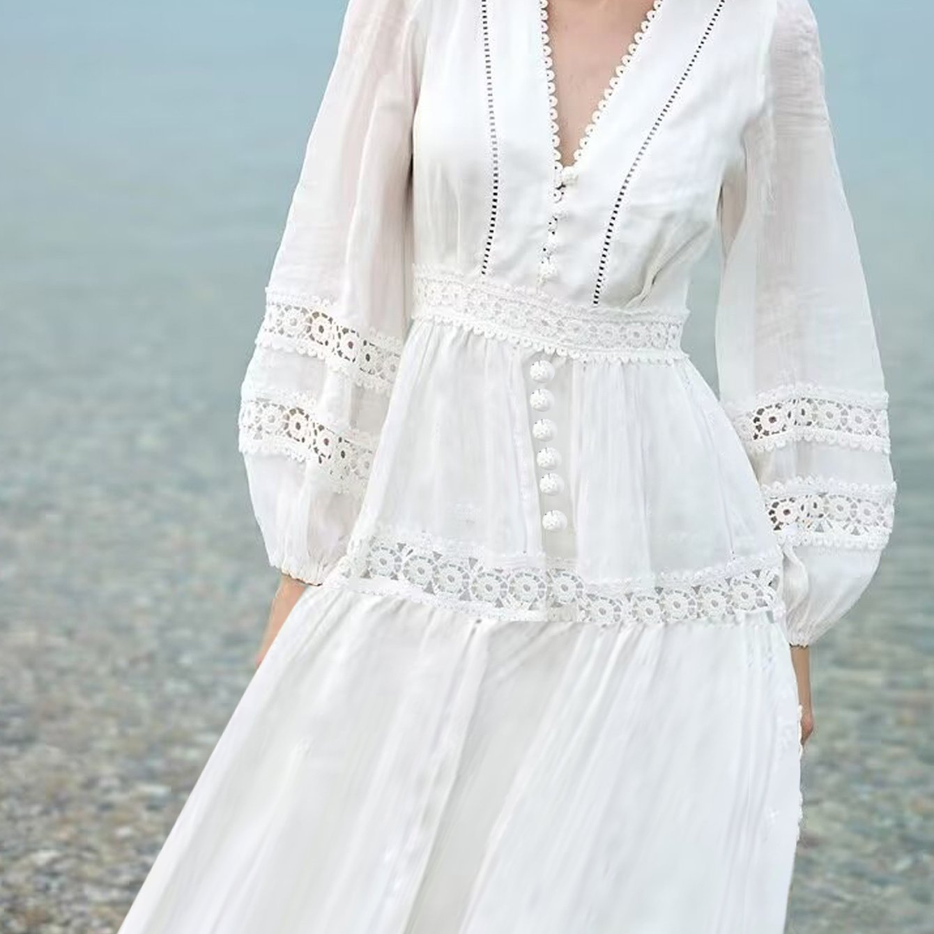 Elegant Lace Hollow Out Women'S Long Dress Solid V-neck Patchwork Puff Sleeve Bodycon Dressess Female 2025 Spring New Lady Robes