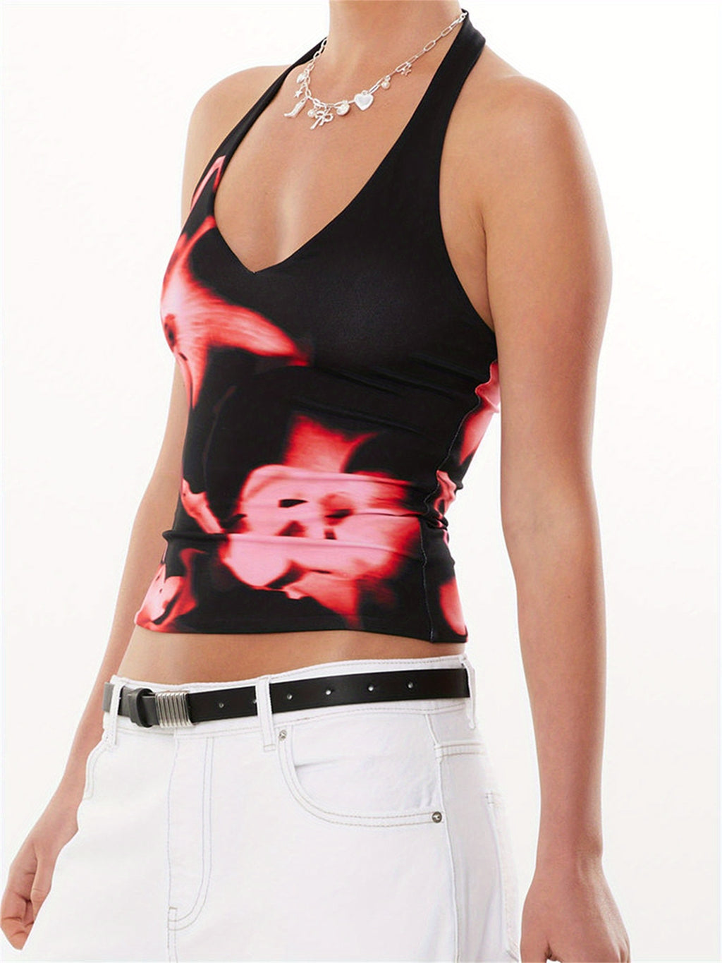 Women's Floral Print Halter Neck Cropped Tank Top - Sleeveless Slim Fit Summer Top with Black & Pink Flowers, Machine Washable Sexy Casual Wear