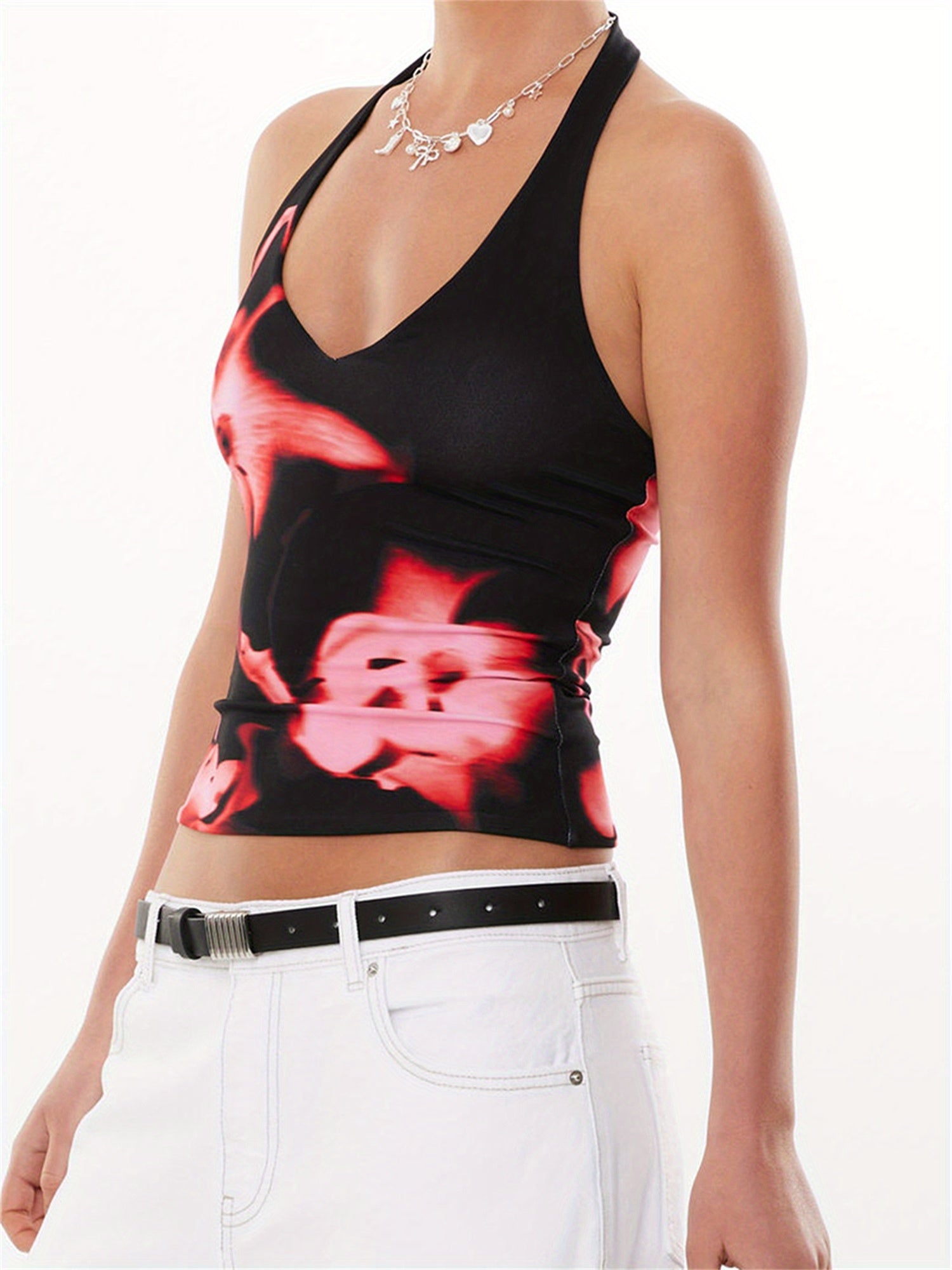 Women's Floral Print Halter Neck Cropped Tank Top - Sleeveless Slim Fit Summer Top with Black & Pink Flowers, Machine Washable Sexy Casual Wear
