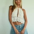Women'S White Textured Hollow Neck Suspender Tank Top
