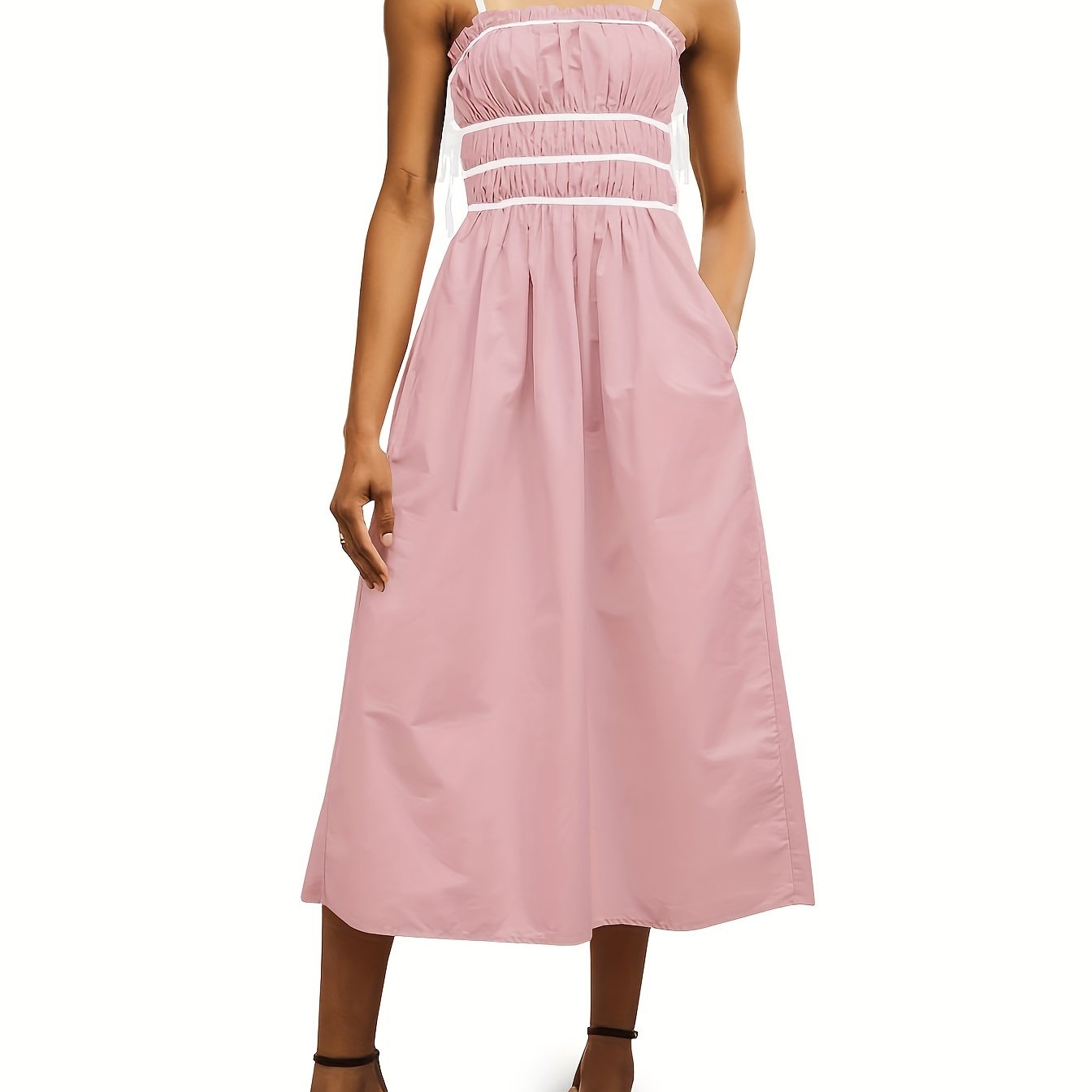 Womens Summer Spaghetti Strap Midi Dress Sleeveless Tie Strap Contrast Color Casual Smocked Ruffle Dresses