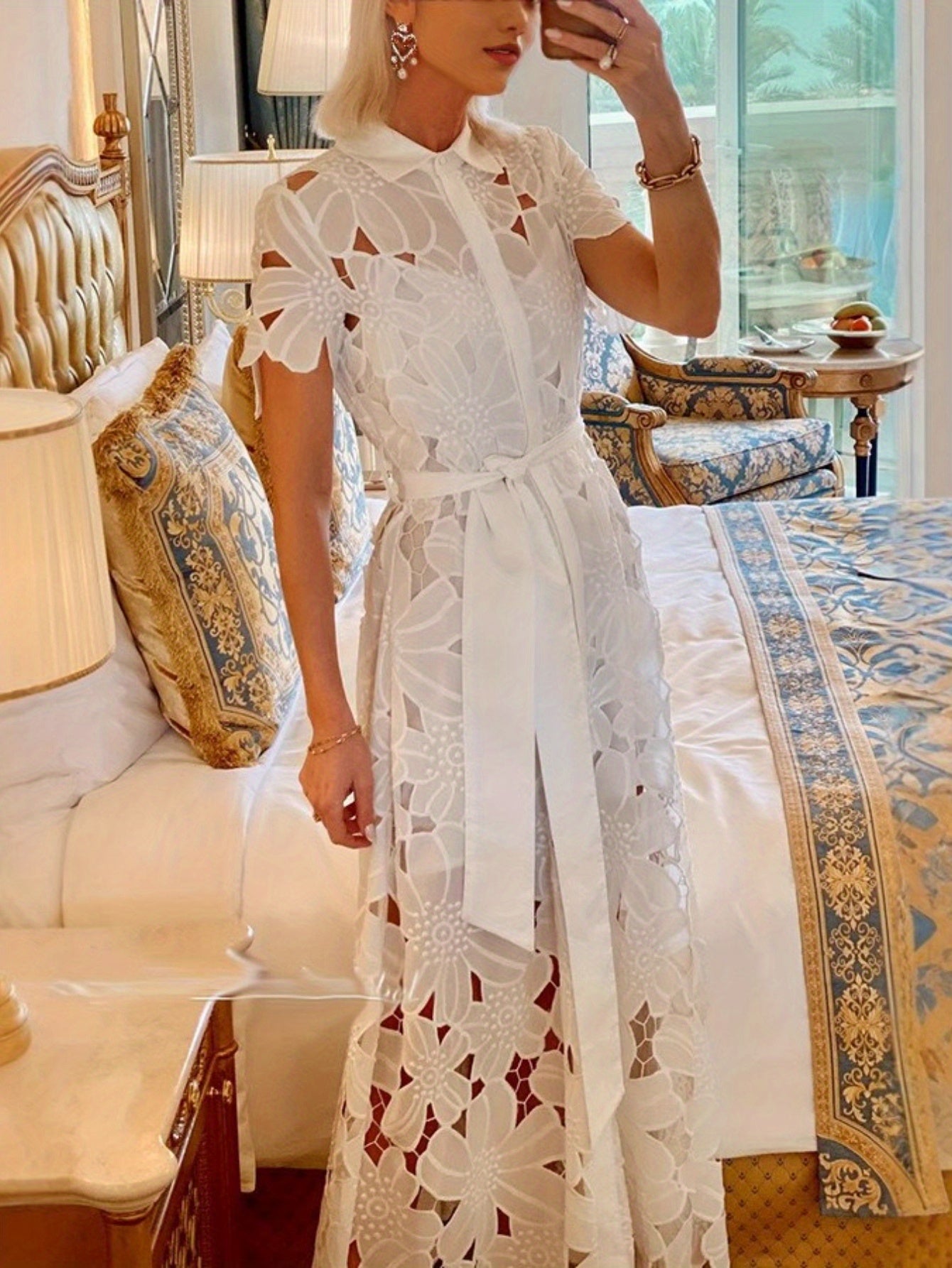 Women'S Elegant Lace Cardigan Dress - Chic Single-Breasted, Long Sleeve, Flared Hem, Solid Color, Perfect for Spring\u002FSummer\u002FFall, Casual to Formal Wear, Casual Dressing | Chic Dress | Lace Detailing, Lace Dress