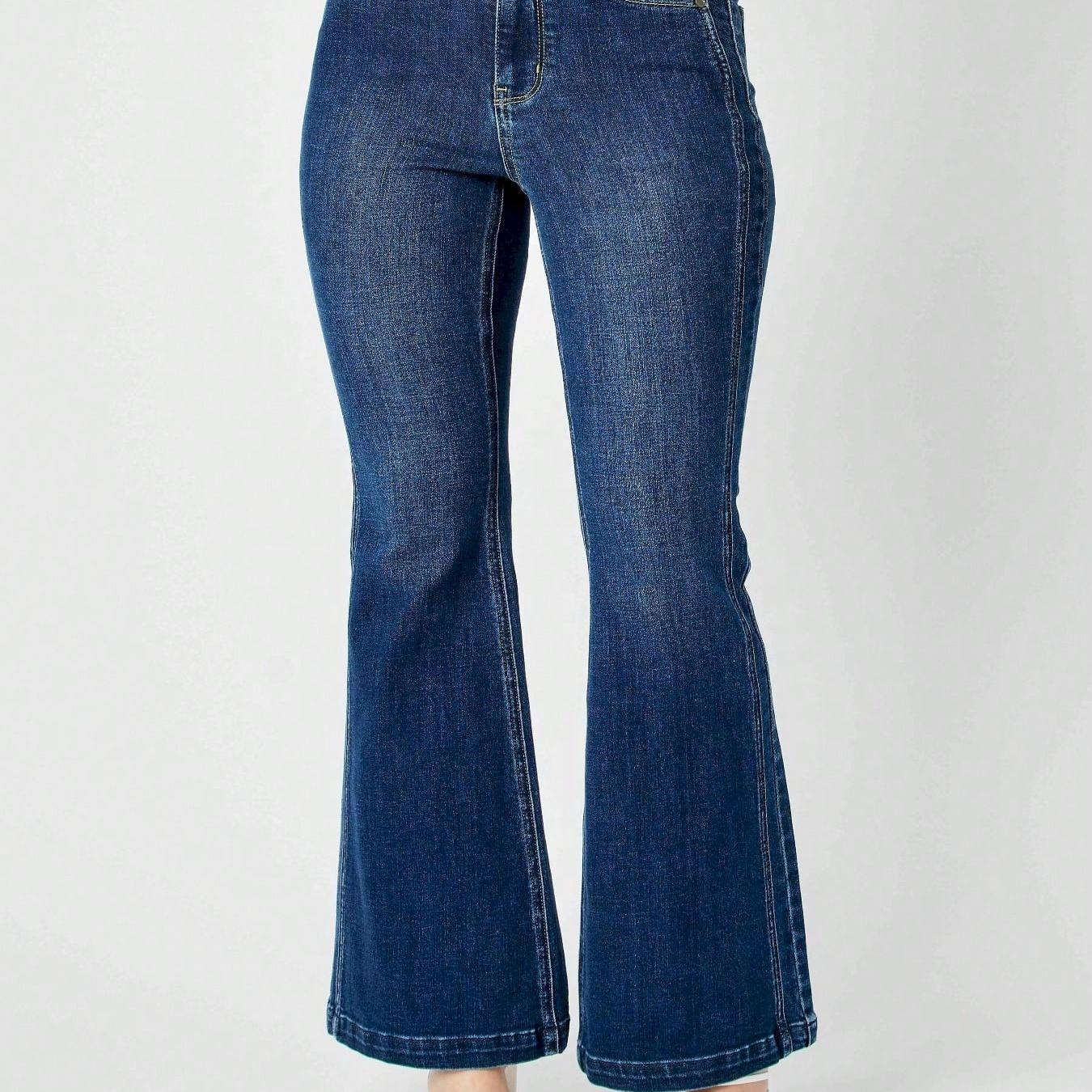 Womens Casual Flared Jeans Classic Retro High Rise Bell Bottom Denim Pants Vintage Inspired Wide Leg Design Dark Blue Wash Regular Fit Stretch Comfort All Season Fashion Statement Trousers