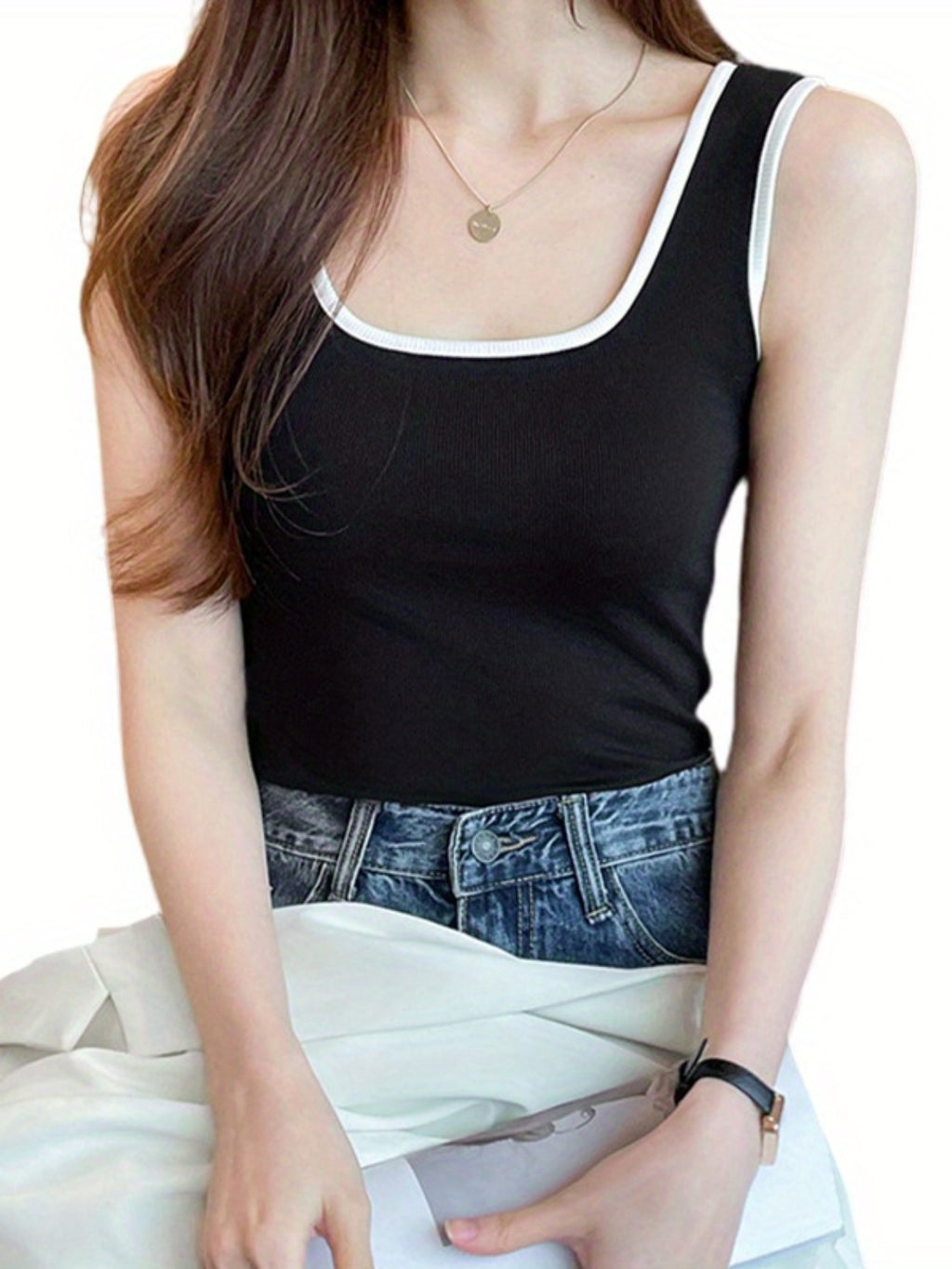 Women Tank Tops Patchwork Round Neck Casual Vests Summer Sleeveless Tops Streetwear