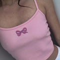 Women's Pink Bow Embroidery Ribbed Knit Camisole Top - Lightweight 100% Polyester Slim Fit Sleeveless Square Neck Summer Casual Tank Top, Ladies Tank Tops