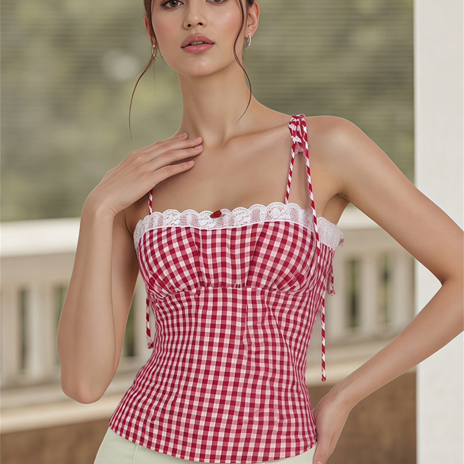 Women'S Fitted Cami Tops Sleeveless Lace Trim Plaid Print Slim Fit Camisole Tank Tops