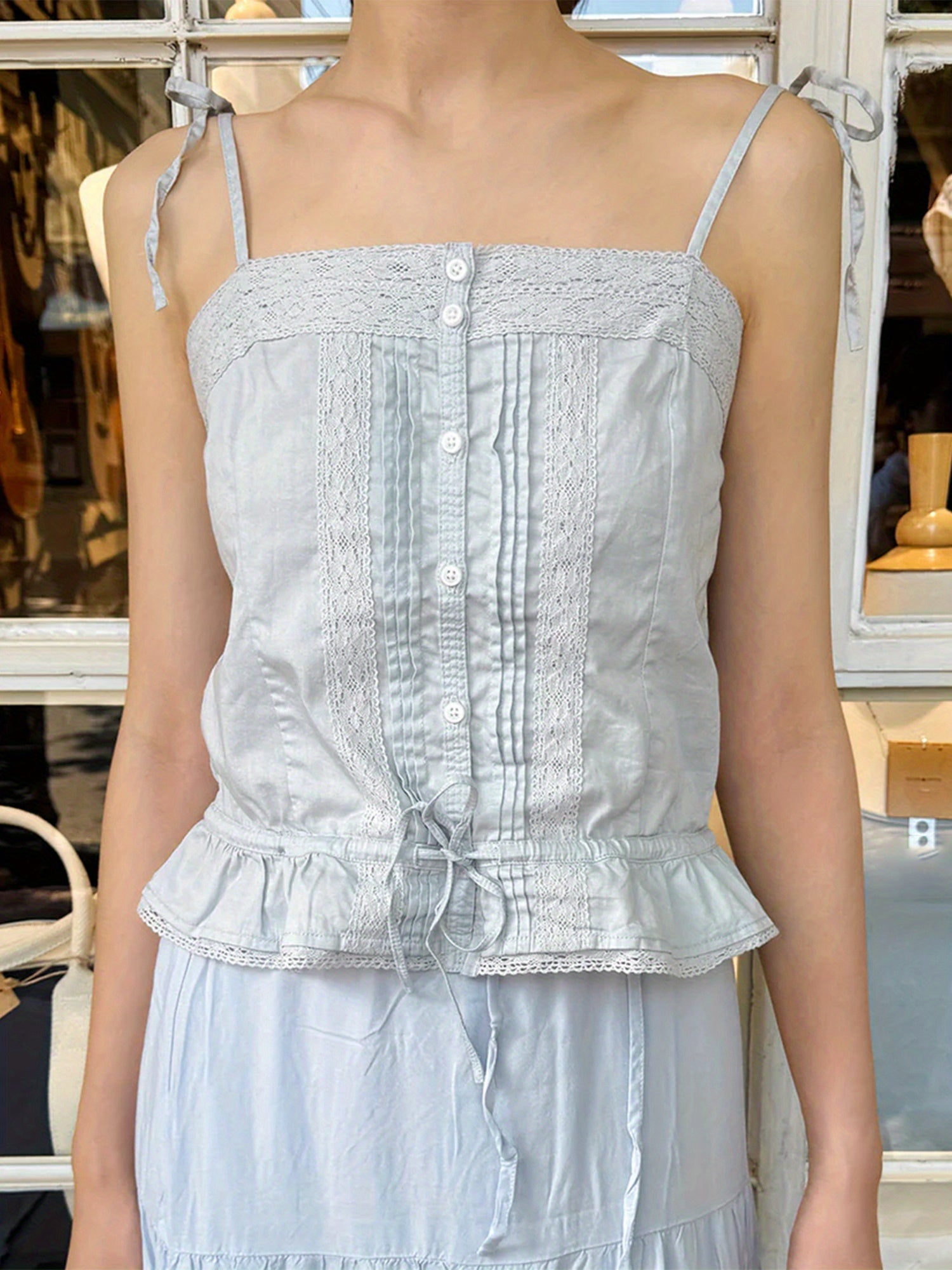 Women'S Lace Patchwork Cami Tops Plaid Print\u002FSolid Color Sleeveless Button Camisole Tank Tops