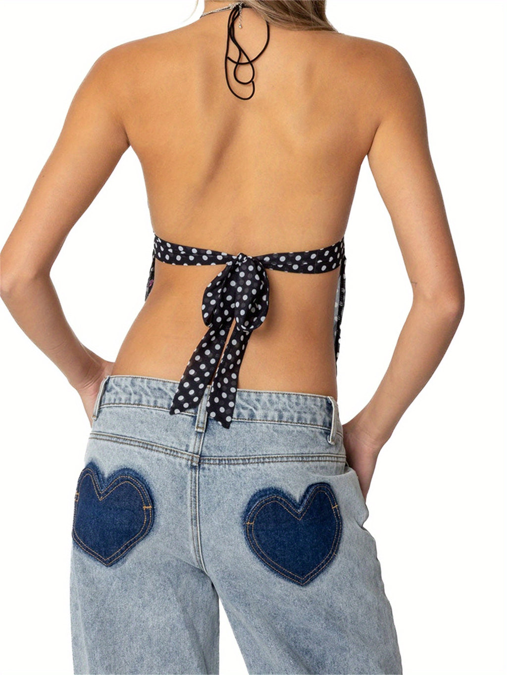 Women's Y2K Style Halter Neck Cami Tops - Sleeveless, Backless V-Neck, Polka Dot Print, Stretchy & Luxurious Black Tank Tops for Party Wear, French-Inspired Design, Lightweight Polyester Fabric, Perfect for Summer Outfits