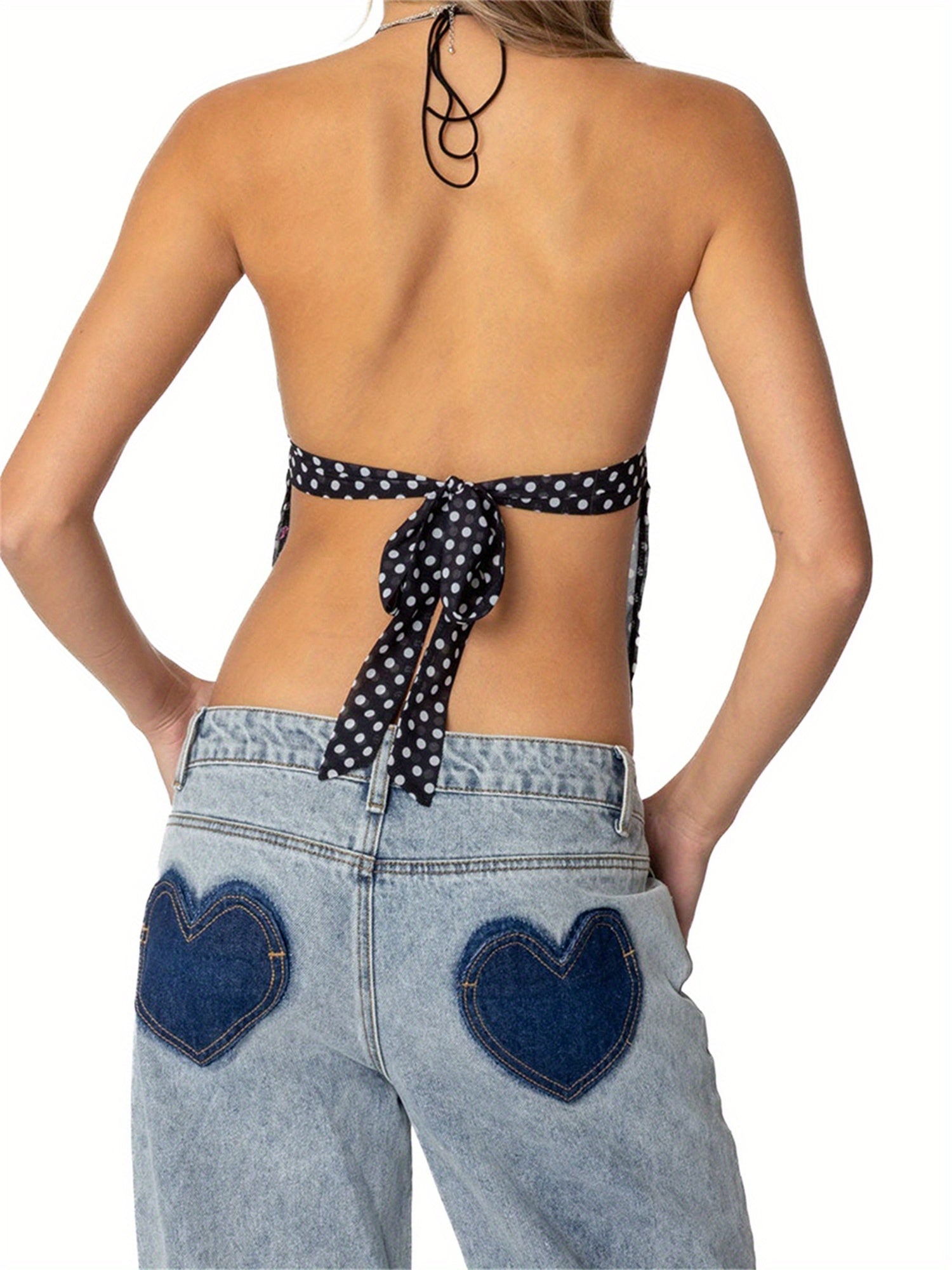 Women's Y2K Style Halter Neck Cami Tops - Sleeveless, Backless V-Neck, Polka Dot Print, Stretchy & Luxurious Black Tank Tops for Party Wear, French-Inspired Design, Lightweight Polyester Fabric, Perfect for Summer Outfits