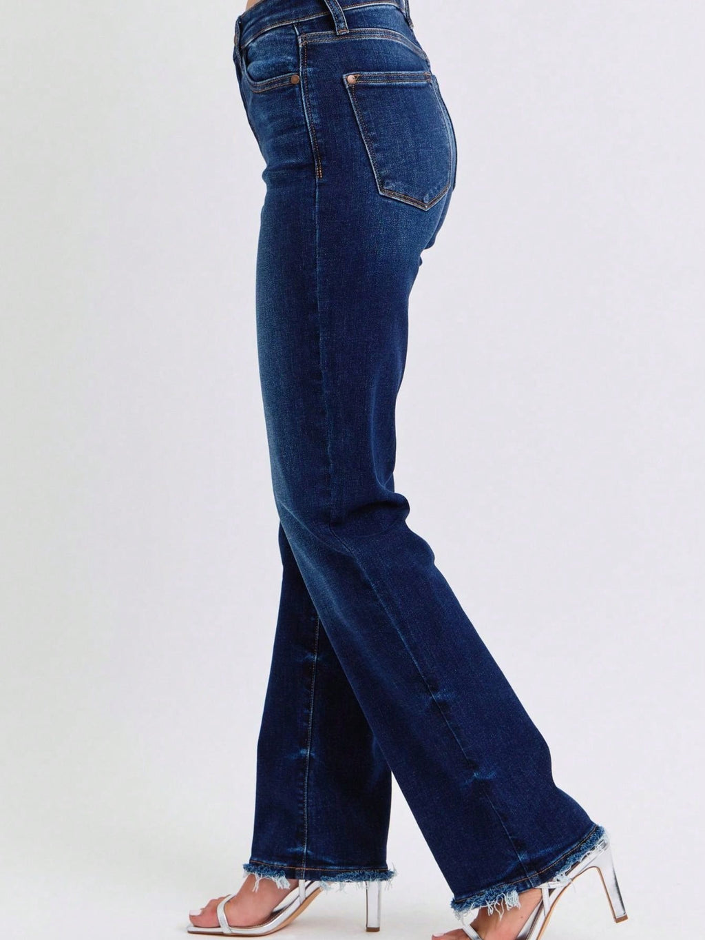 Judy-B Women's Casual Jeans Essential High-Rise Straight-Leg Denim Pants Dark Wash with Raw Hem Detailing Stretch Cotton Fabric Classic Five-Pocket Design Button and Zipper Closure Perfect For All-Seasons Everyday Wear