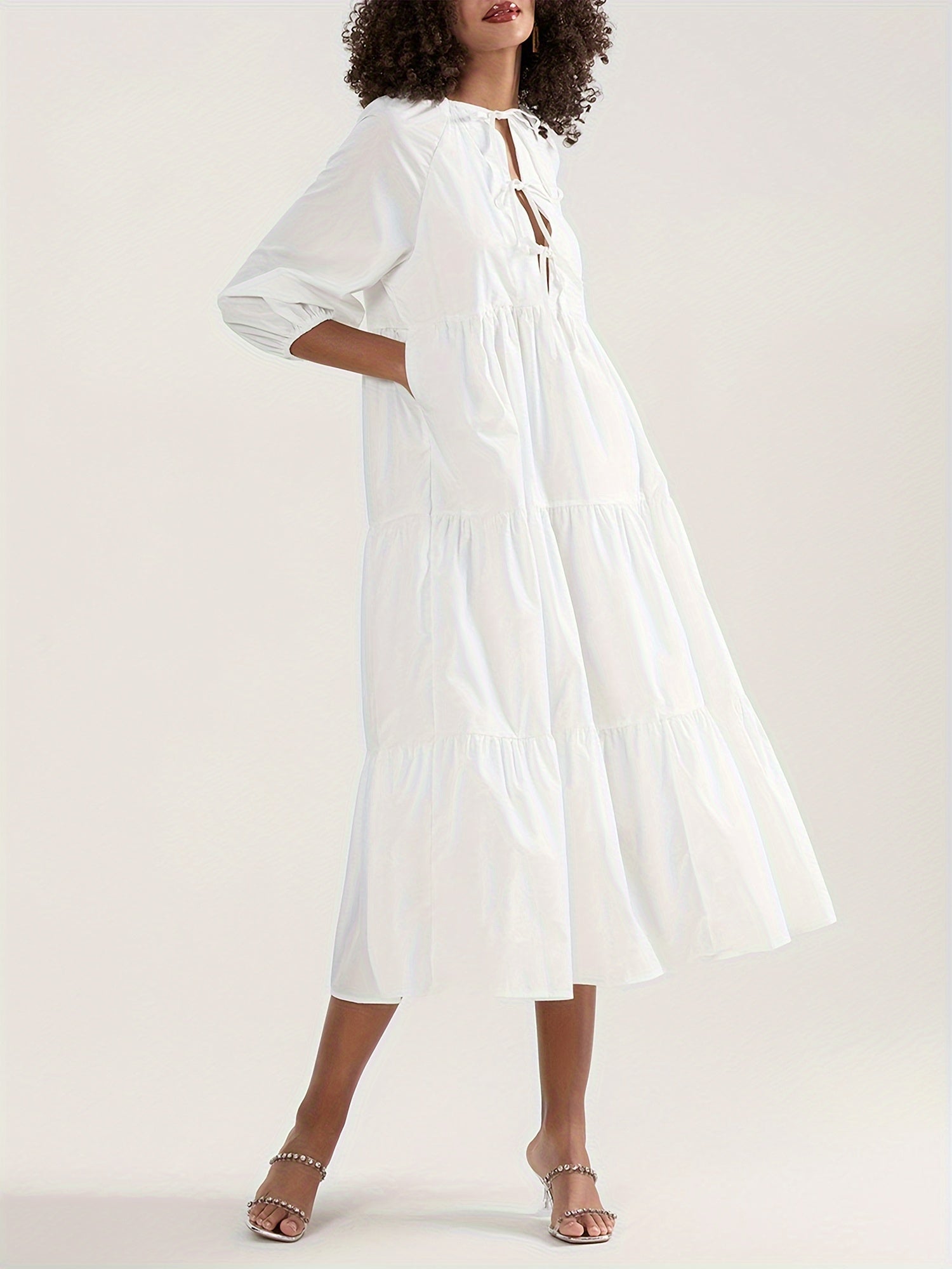 Women's Elegant Long Sleeve A-Line Midi Dress with Tie-Front Detail - Flowy Round Neck Solid Black Dress for Spring Summer Fall, Machine Washable Casual to Semi-Formal Wear, Long Sleeve Dresses, Seasonal Fashion, Quality Fabric