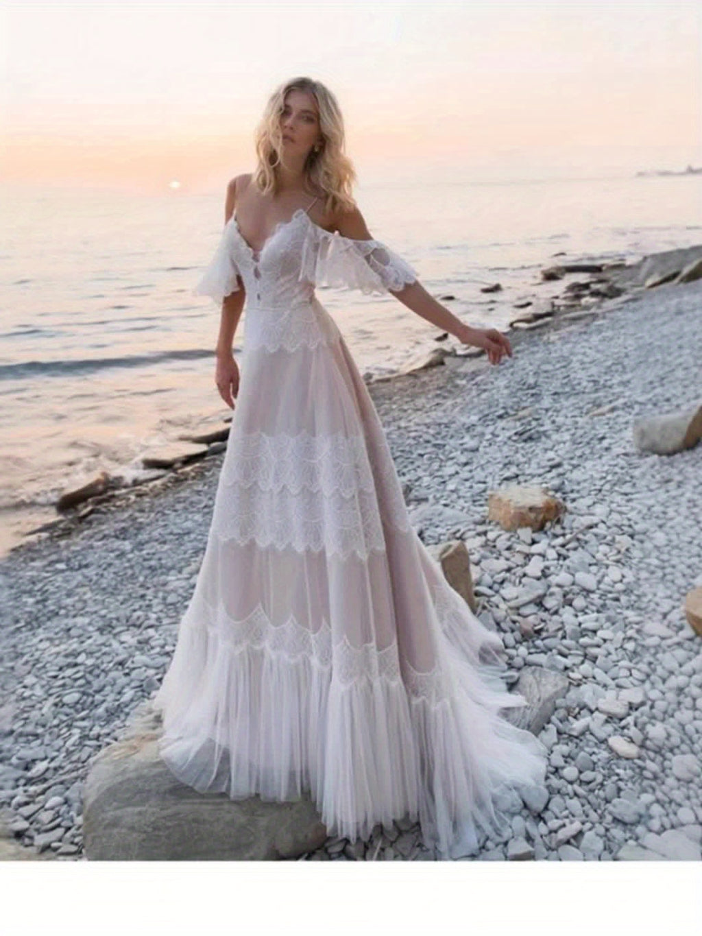 Elegant Off-Shoulder Lace Wedding Dress with Ruffled Sleeves and Long Train - V-Neck, Flowy Beach Bridesmaid Dress for Women, Perfect for Outdoor Ceremonies, Wedding Guest Attire|Elegant Offshoulder Design|Lace Detailing, Wedding Dresses for Bride