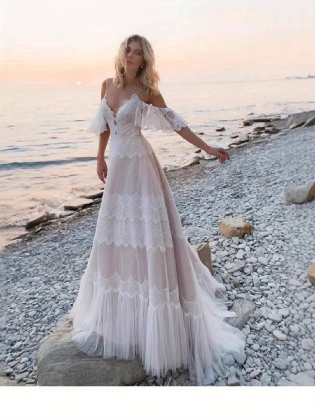 Elegant Off-Shoulder Lace Wedding Dress with Ruffled Sleeves and Long Train - V-Neck, Flowy Beach Bridesmaid Dress for Women, Perfect for Outdoor Ceremonies, Wedding Guest Attire|Elegant Offshoulder Design|Lace Detailing, Wedding Dresses for Bride