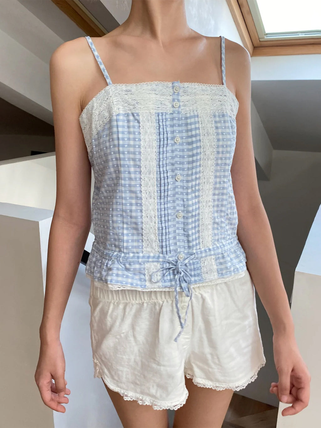 Women'S Lace Patchwork Cami Tops Plaid Print\u002FSolid Color Sleeveless Button Camisole Tank Tops