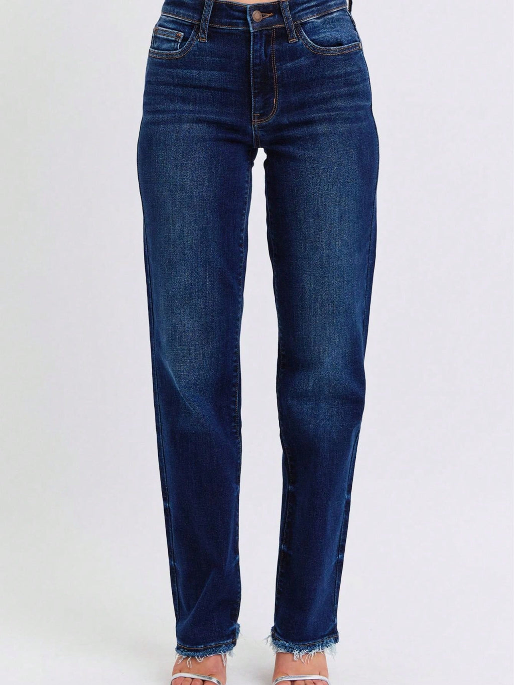 Judy-B Women's Casual Jeans Essential High-Rise Straight-Leg Denim Pants Dark Wash with Raw Hem Detailing Stretch Cotton Fabric Classic Five-Pocket Design Button and Zipper Closure Perfect For All-Seasons Everyday Wear