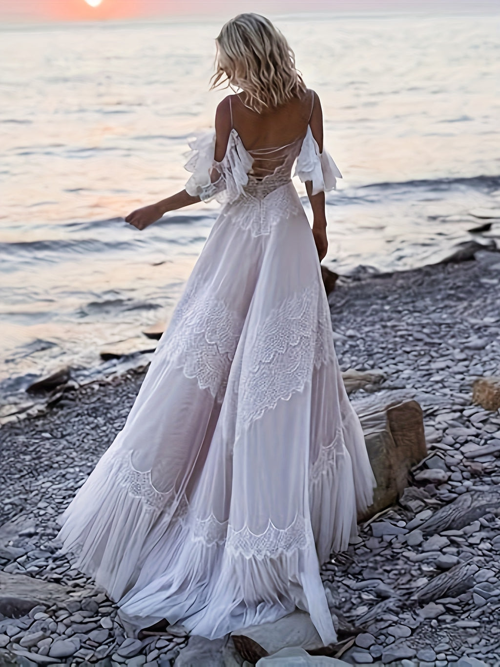 Elegant Off-Shoulder Lace Wedding Dress with Ruffled Sleeves and Long Train - V-Neck, Flowy Beach Bridesmaid Dress for Women, Perfect for Outdoor Ceremonies, Wedding Guest Attire|Elegant Offshoulder Design|Lace Detailing, Wedding Dresses for Bride