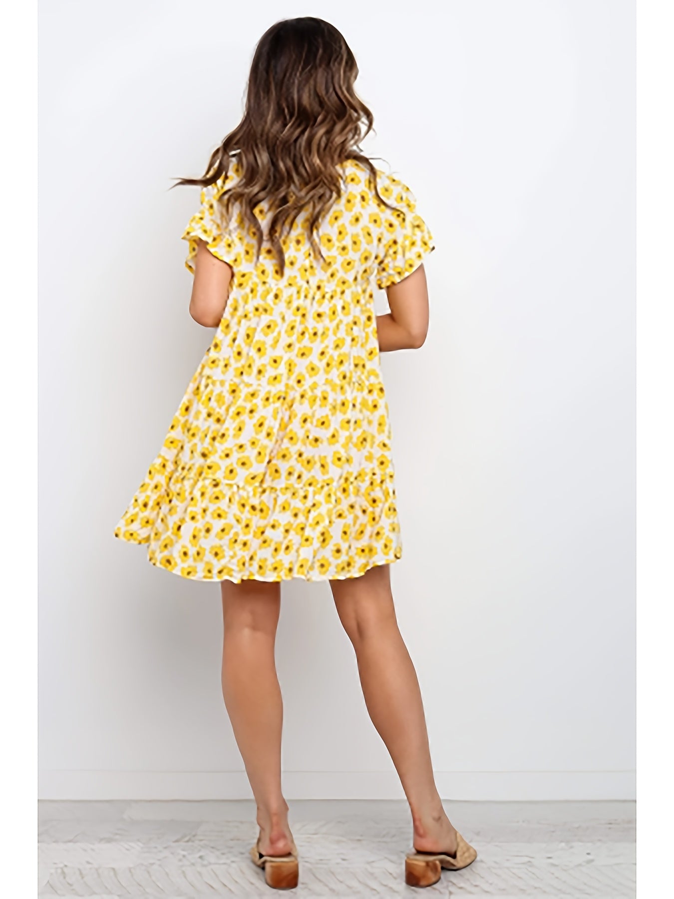 Women'S Boho Floral Print Short Sleeve T-Shirt Dress - Casual Ruffled Hem, Loose Swing Fit, Round Neck, Lightweight Summer Dress for Casual Attire, Boho Dress