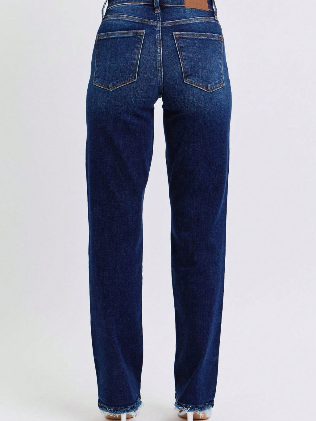 Judy-B Women's Casual Jeans Essential High-Rise Straight-Leg Denim Pants Dark Wash with Raw Hem Detailing Stretch Cotton Fabric Classic Five-Pocket Design Button and Zipper Closure Perfect For All-Seasons Everyday Wear