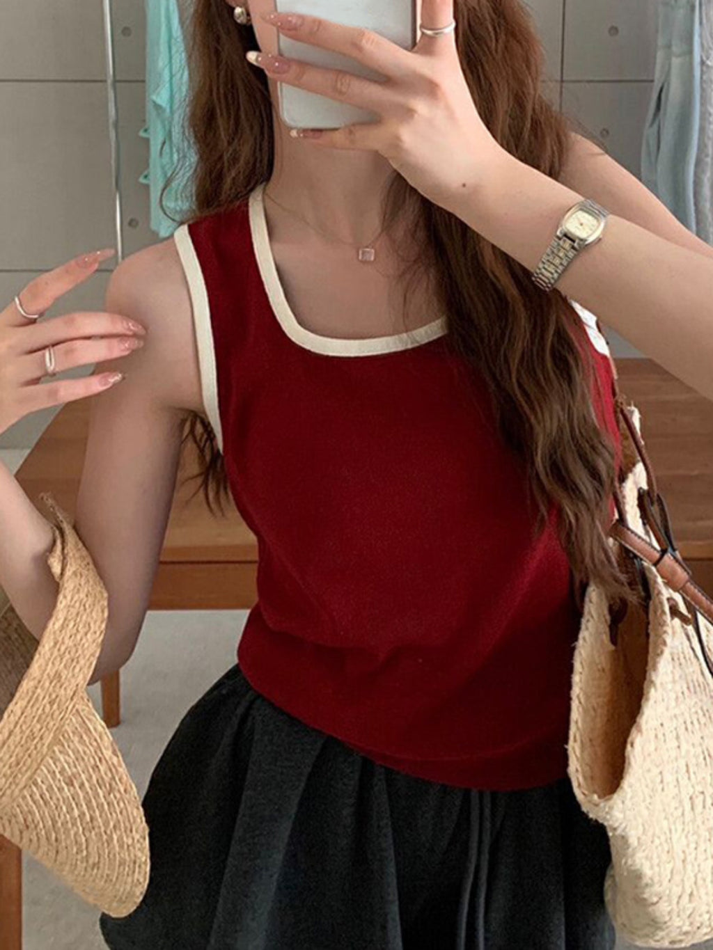 Women Tank Tops Patchwork Round Neck Casual Vests Summer Sleeveless Tops Streetwear